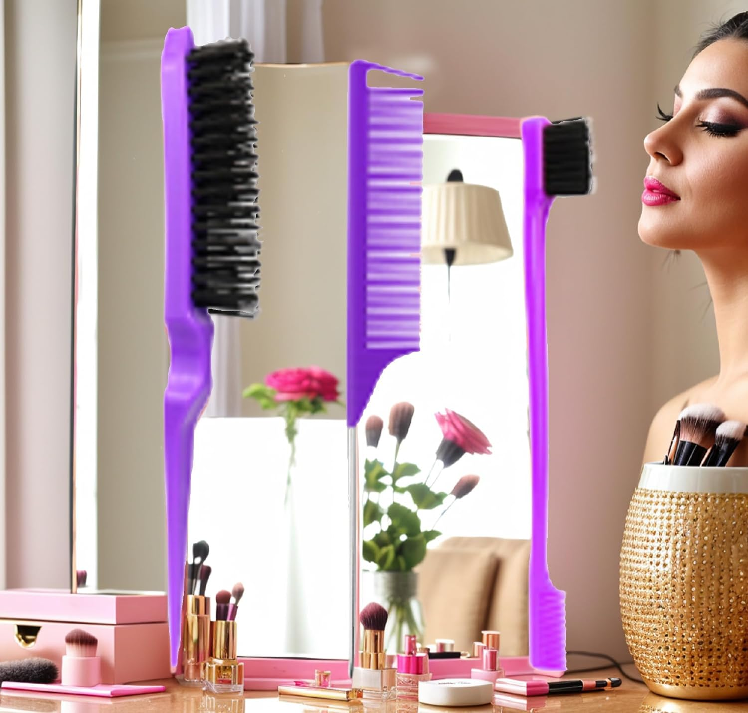 Slick Back Hair Brush, Comb Set, Purple Comb,3 Pcs，Slick Back Brush with Edge Brush, Styling Comb for Kids for Middle Part，Rat Tail Comb, Teasing Brush Set for Smoothing Brush Baby Hair image number 4
