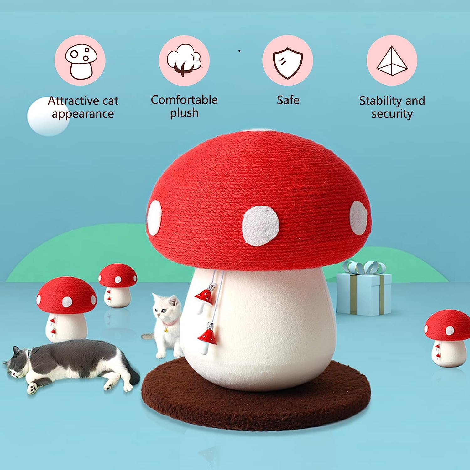 Cat Scratching Post,Mushrooms Cat Scratcher with Sisal Rope Cat Tree Interactive Toys for Indoor Kitten Small Cat Home Decoration image number 1