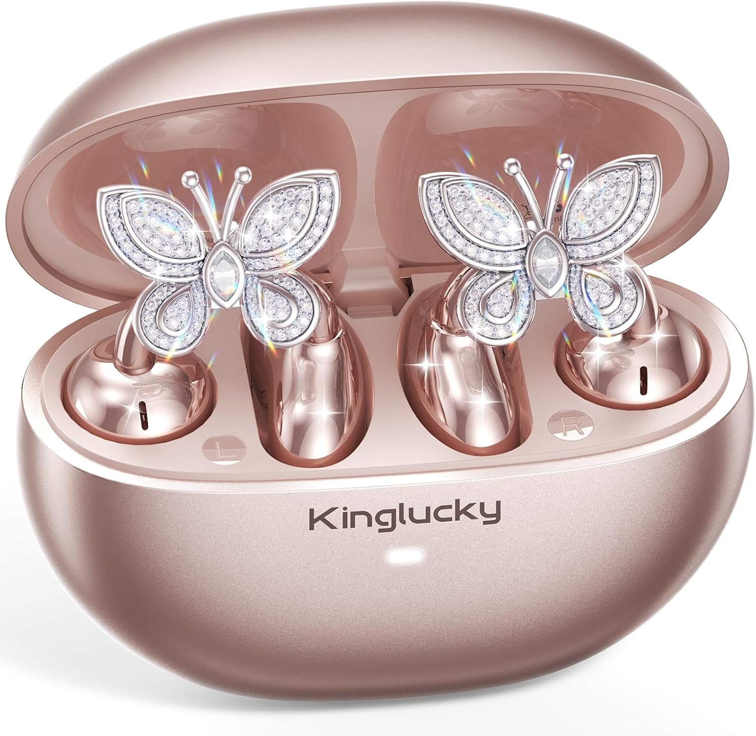 Kinglucky Stylish Open-Ear Clip-On Headphones with Detachable Earrings, Lightweight & Comfortable Fit, Fashionable Open-Ear Earbuds for Women, Ideal for Work, Running, and Daily Wear Pink (Butterfly)