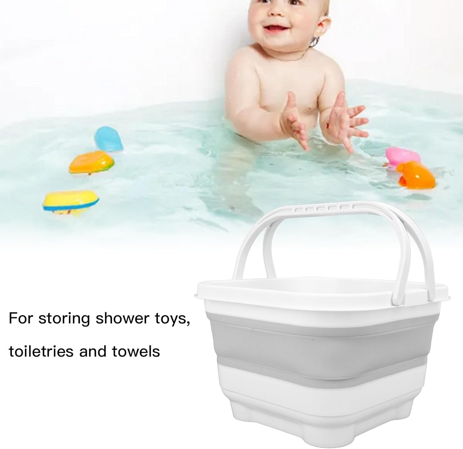 Toy Storage Box Foldable, Cute Bath Toy Organizer with Removable Base Quick Drain High Capacity for Toiletries Towels Bathroom Toy Holder (White+Grey) - White+Blue image number 3