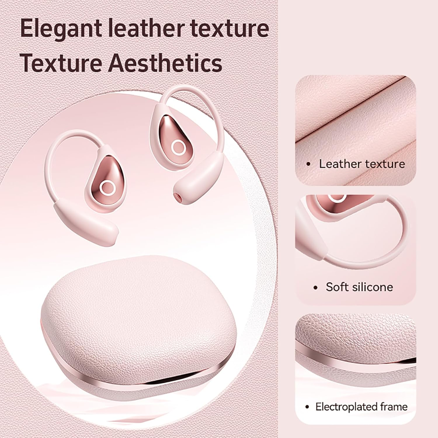 Open Ear Earbuds Wireless Bluetooth 5.4 Headphones with Microphone, Earphone with Earhooks, ENC Noise-Cancellation, 60H Playtime, Long-Lasting Comfort, Crystal-Clear Calls for Driving/Gym (Pink) - Beige image number 4