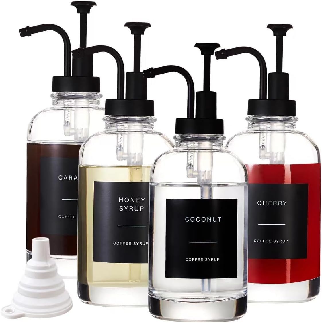 Coffee Syrup Dispensers for Coffee Bar(Set of 4), Coffee Syrup Pump Dispenser for Coffee Bar Accessories, 16.9 Oz Glass Syrup Dispenser with 36 Labels, Coffee Syrup Bottles with Matte Black Pump