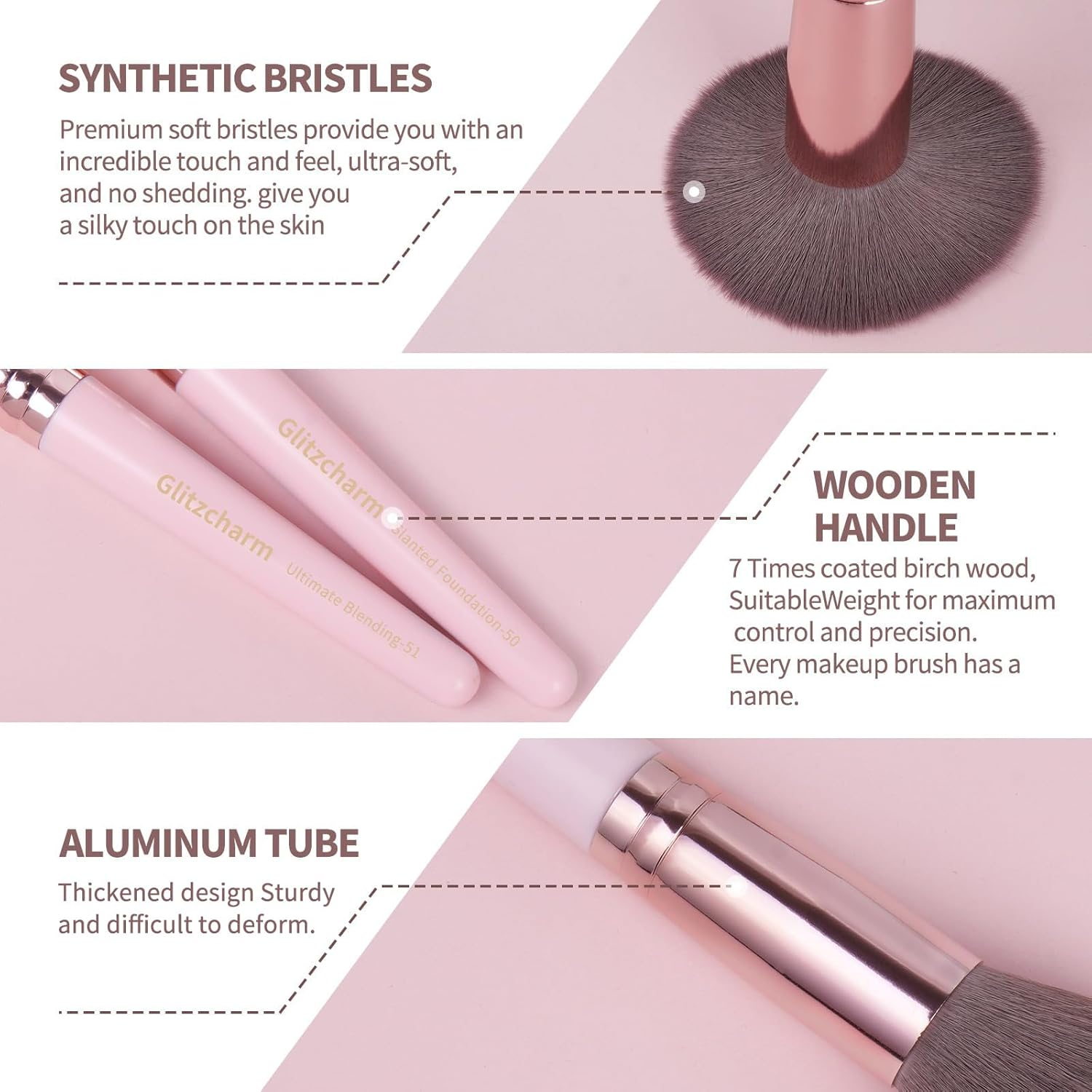 17 Pcs Makeup Brushes, Glitzcharm Makeup Brushes Set Premium Synthetic Powder Blush Concealers Eye Shadow Eyeliner Make up Brushes(17 Brushes+1 Pink Bag,Pink) image number 2