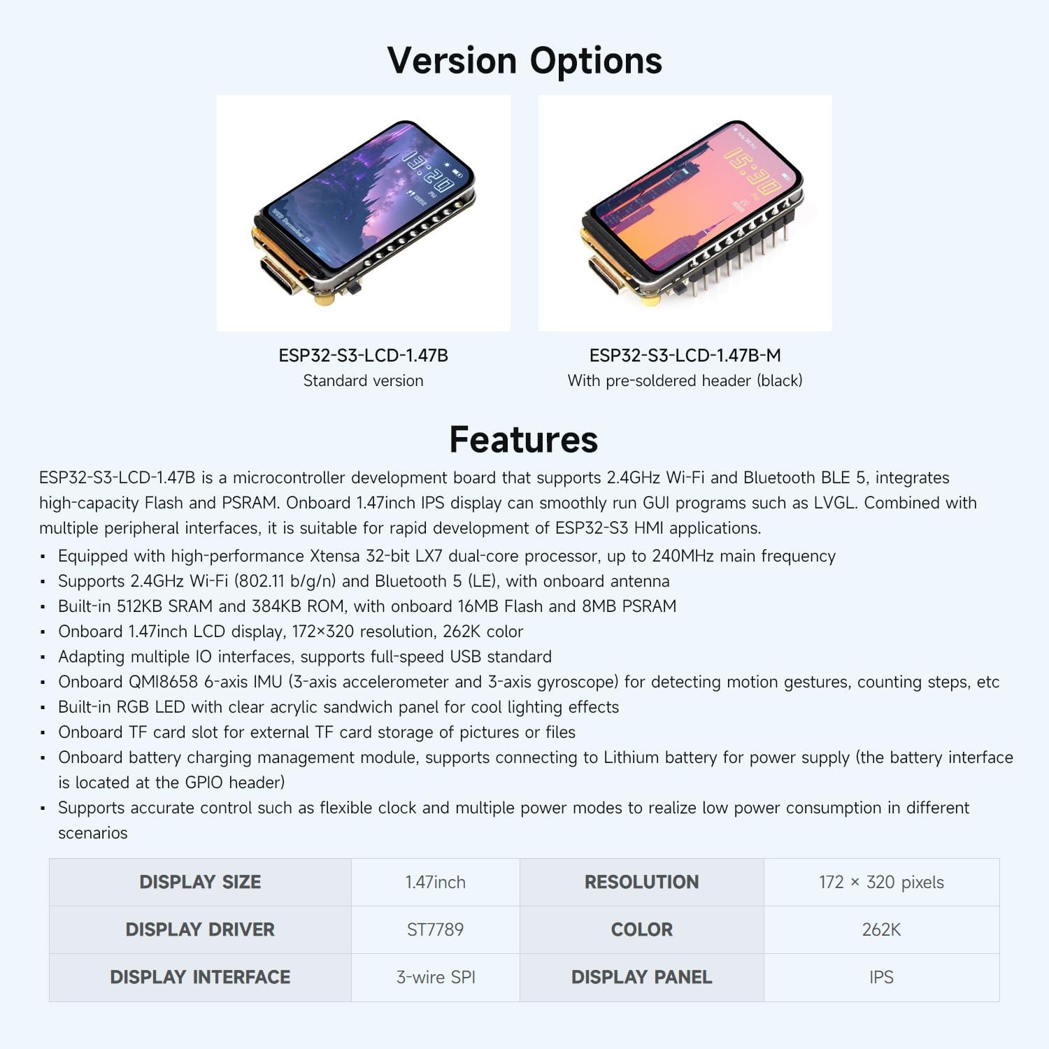 Waveshare ESP32-S3 1.47Inch LCD Display Development Board, 172&times;320 Resolution, 262K Display Color, Supports 2.4Ghz W-FI/BLE 5, 240Mhz LX7 Dual-Core Processor, ESP32 with Mini Display image number 6
