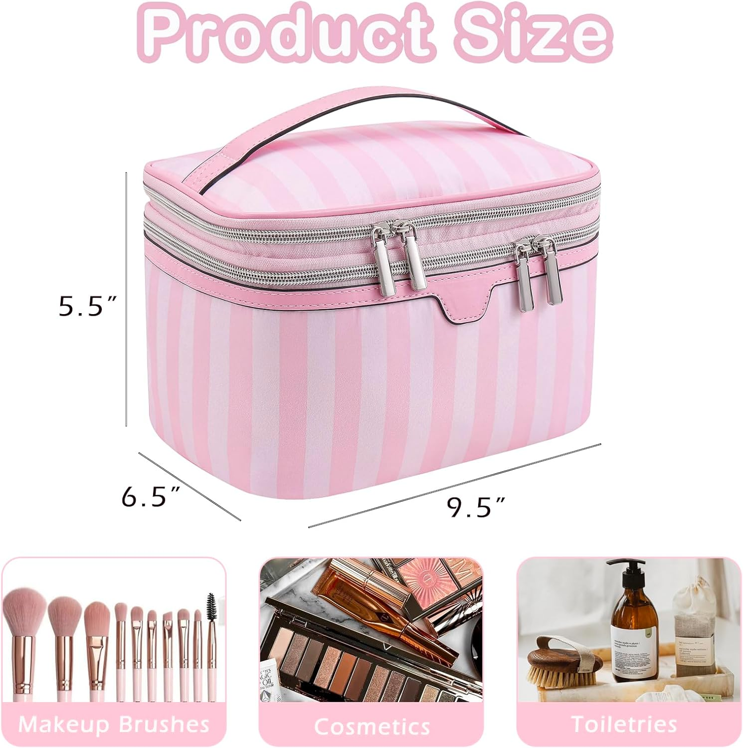 RSRSLEII Large Waterproof Double Layer Travel Makeup Bag, Aesthetic Nylon Striped Cosmetic Case，Coquette Traveling Toiletry Bag with Handle，Ideal for Women and Girls, 01Top Open, Striped and Colorful - 01Top Open image number 5
