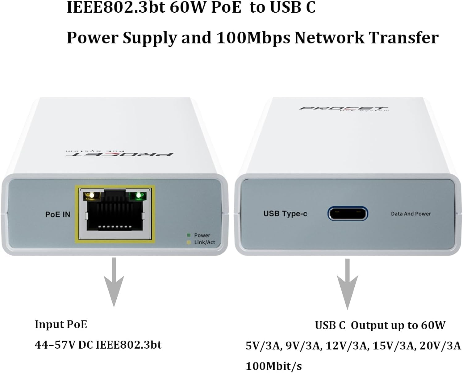 Poe to USB C Converter for Smart Phone/Tablet, USB-C to Ethernet Adapter with 60W Charging, Power & Data 2-In-1 RJ45 Port to Type-C Adapter, 10/100Mbps High Speed Plug & Play,Pt-Ptc-D-Bt