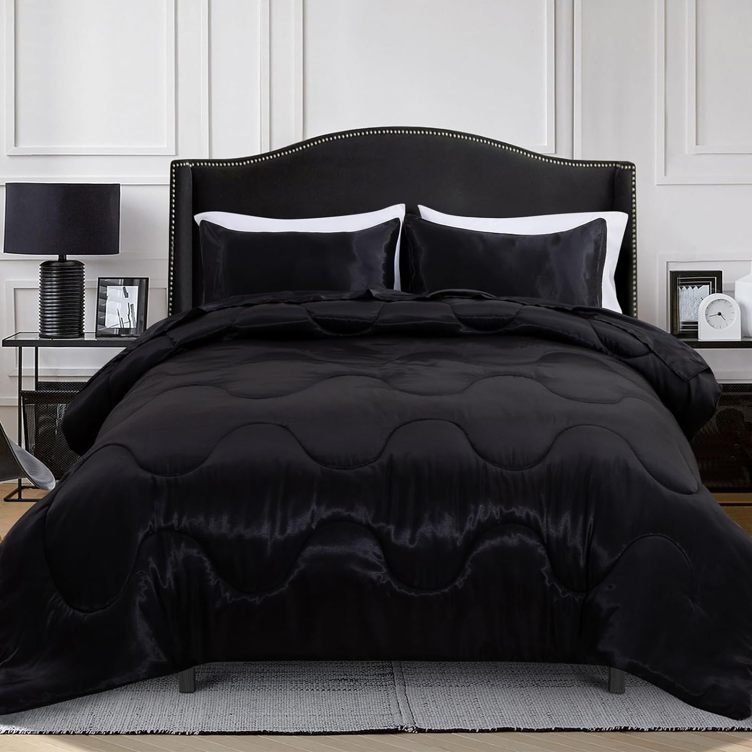 A Nice Night Satin Silky Soft Quilt Luxury Super Soft Microfiber Bedding Thin Comforter Set Full/Queen, Light Weighted (Black, Queen(88-By-88-Inches)) image number 2