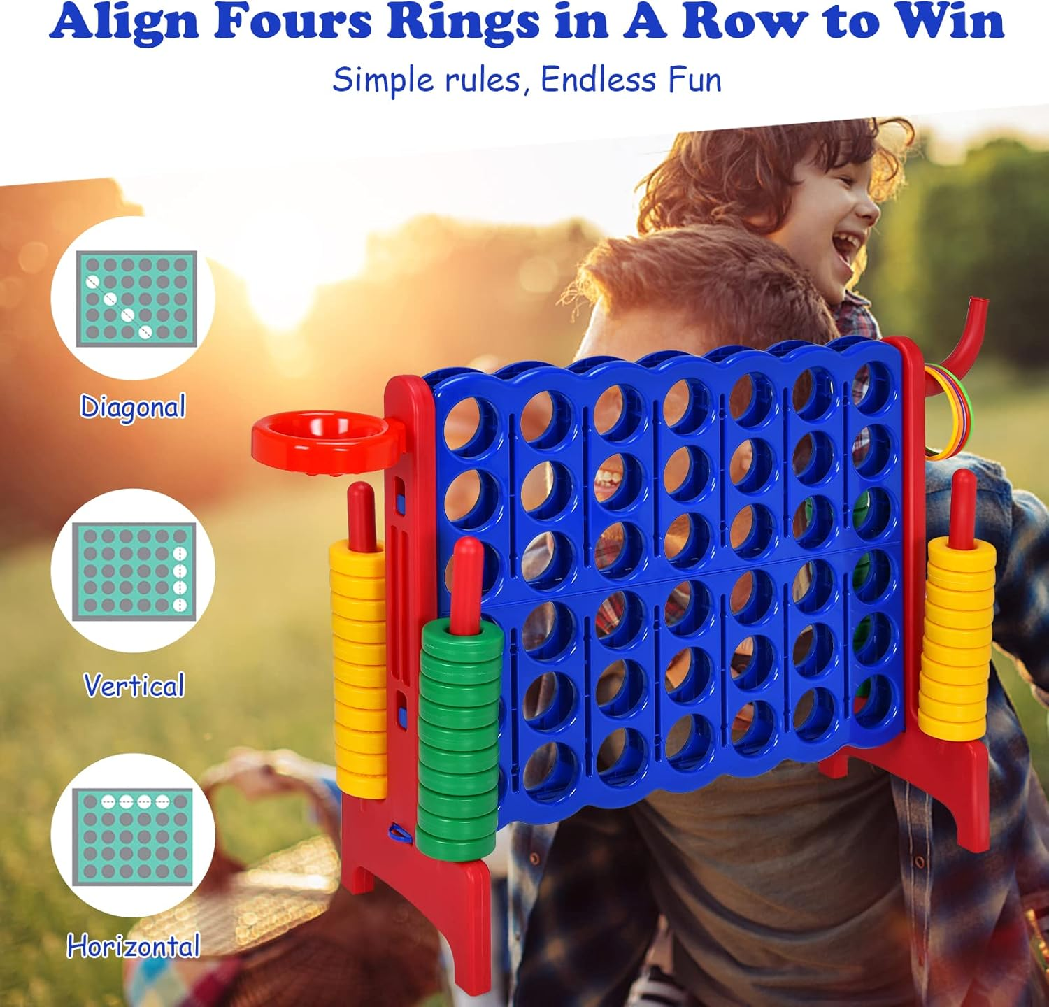 Costway Giant 4-In-A Row, Jumbo 4-To-Score Giant Game Set for Kids & Adults, Indoor Outdoor Family Connect Game W/Basketball Hoop, Ring Game, 42 Jumbo Rings, Quick-Release Slider (Red) image number 3