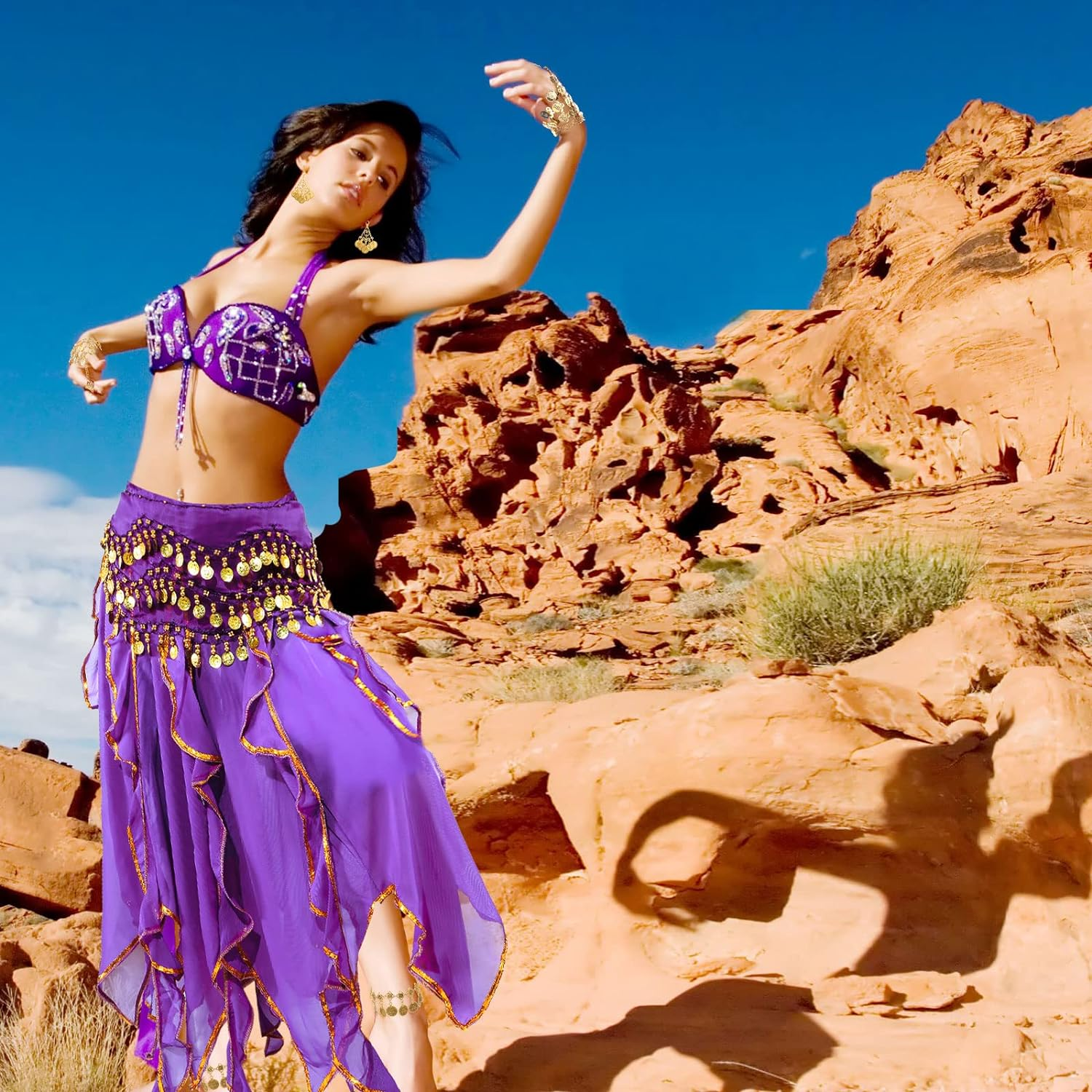 Haysandy 8 Pcs Belly Dance Outfit Sets Women,Belly Dance Skirt, Hip Scarf, 2 Bracelets, Earrings, Anklet Bracelet image number 3