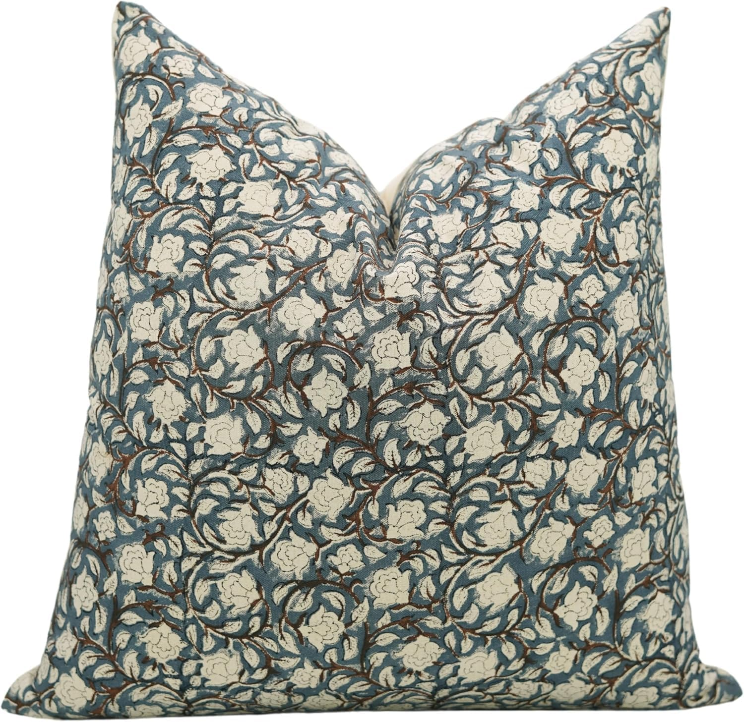 Fabritual Duck Canvas Fabric Handmade Block Floral Print 18X18 Inch Throw Pillowcase Cushion Cover Decorative for Outdoor,Farmhouse, Living Room, Sofa, Bed and Couch (Blue-Amritvella)