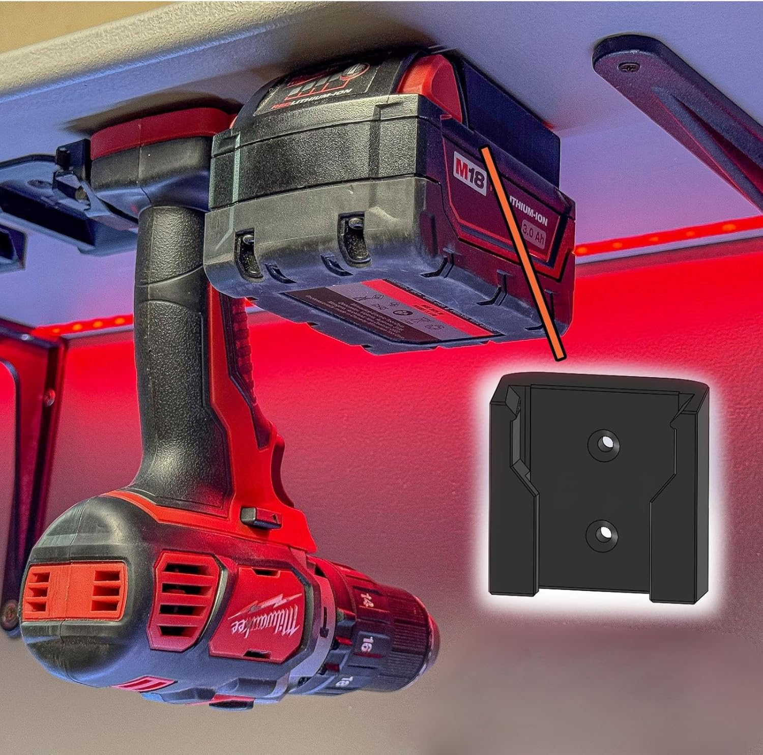 5‑Pack - M18 Tool & Battery Wall‑Mount Holders Compatible with Milwaukee M18 Batteries and Tools Custom 3D‑Printed Storage for Drills, Drivers & Bare Tools image number 3