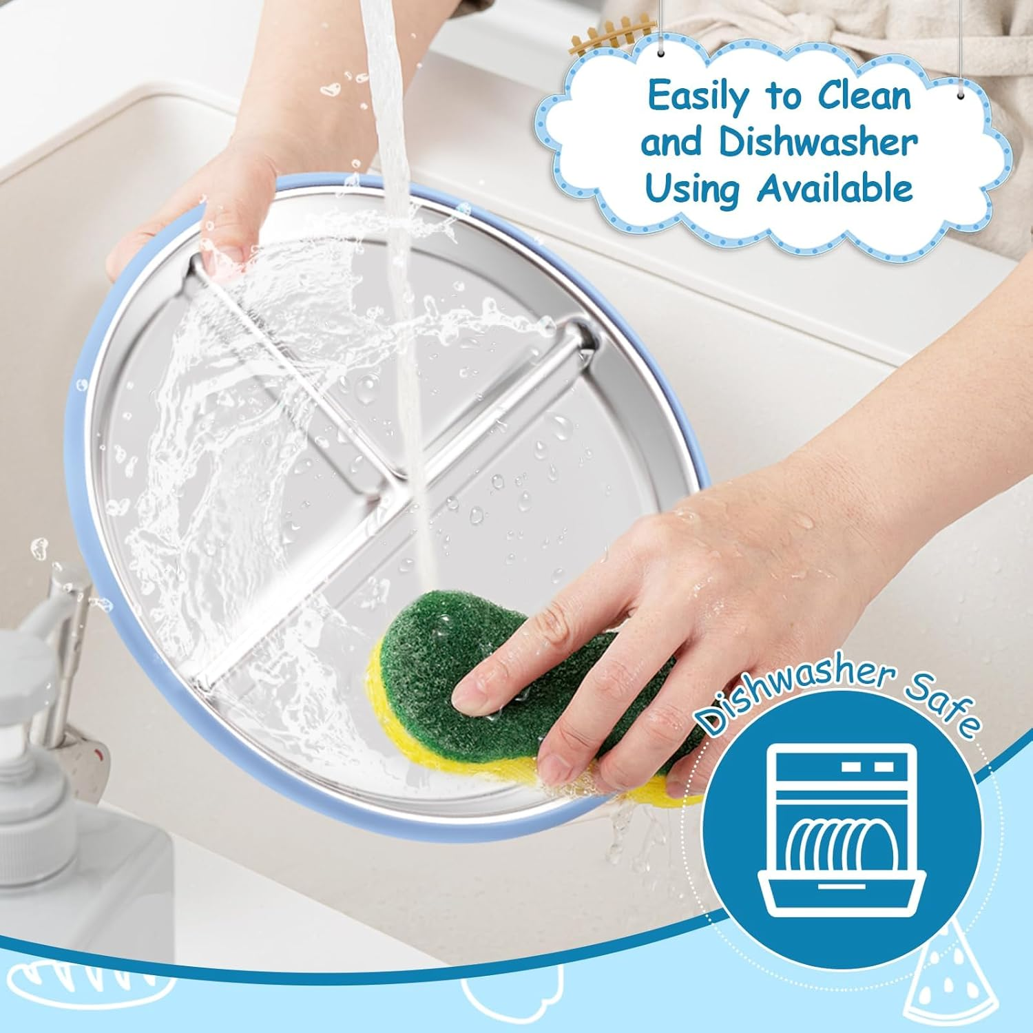 Stainless Steel Baby Plates with Suction,9&rdquo; Divided Plates Silicone Sleeve for Kids,Metal Toddler Plates BPA Free, Children Feeding Unbreakable Dishwasher Safe Set of 2 (Blue and Grey) image number 4