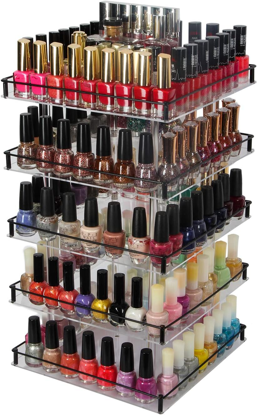 Jackcubedesign 5 Tier Acrylic 350 Nail Polish 360 Rotating Display Rack Organizer Stand Makeup Cosmetics Storage Box Carousel Shelf with Iron Guard(5Tier) ? :MK302-5