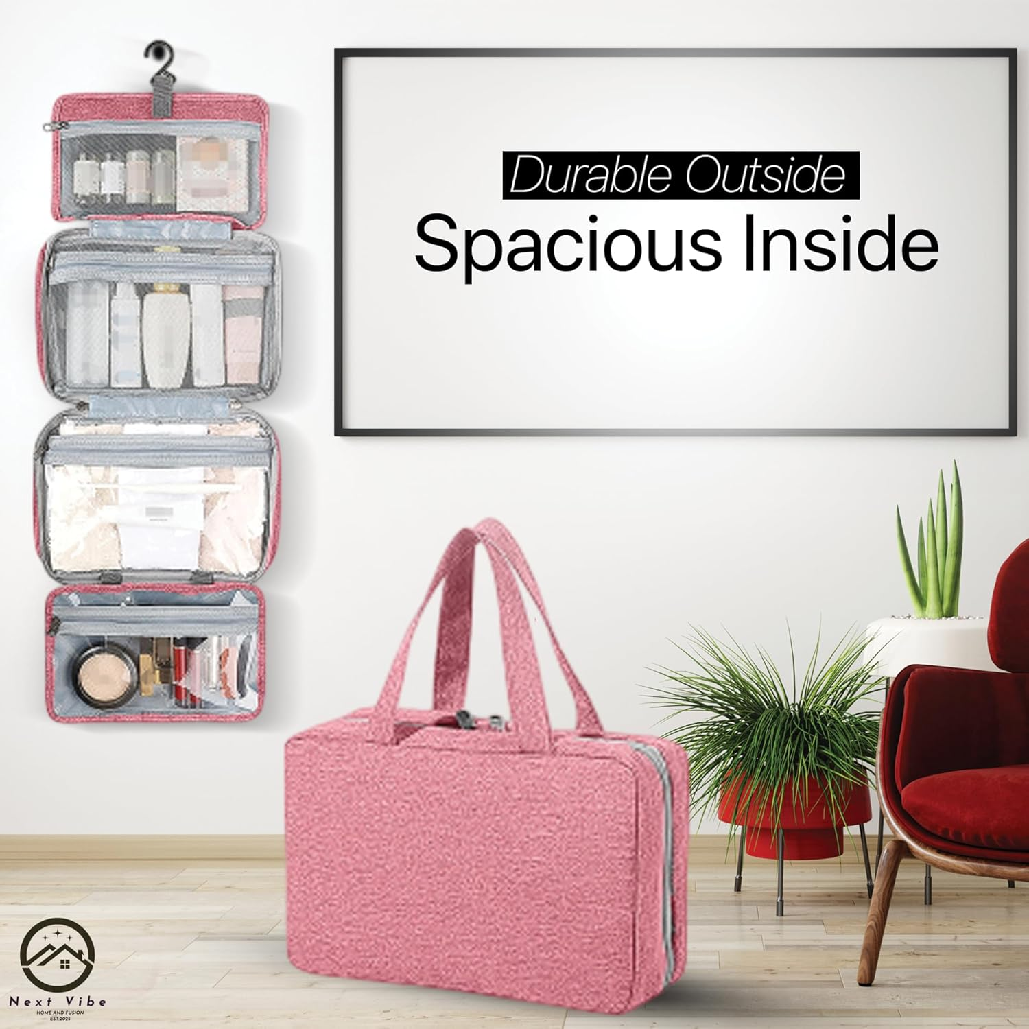 Toiletry Bag for Women in Pink &ndash; Large Travel Makeup Bag with Hanging Hook & Handle, Water-Resistant Organizer for Toiletries & Cosmetics Compact Multi-Pocket Storage Ideal for Travel & Daily Use image number 6