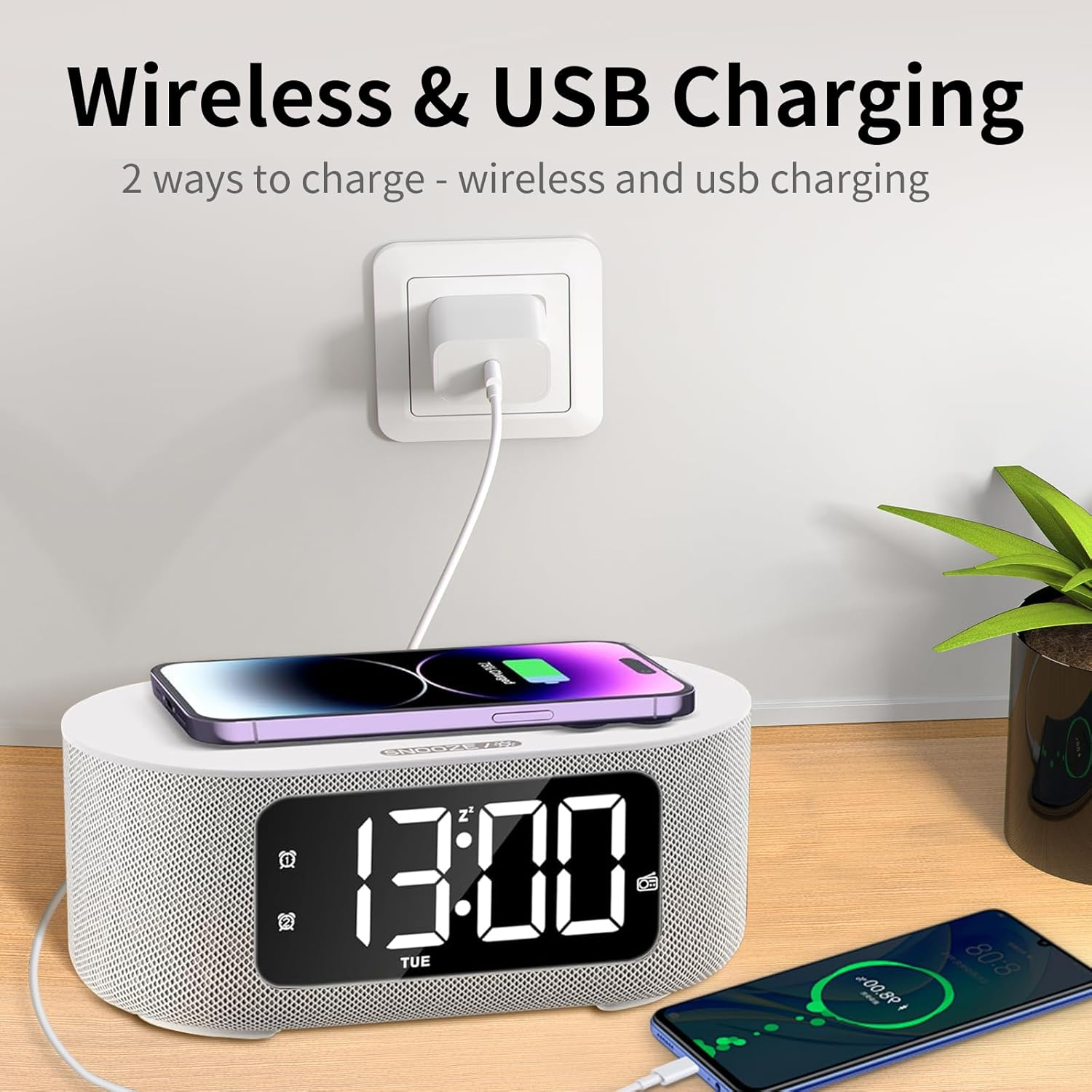 Sound Machine Alarm Clock for Bedroom, 15W Fast Wireless Charger, Digital Clock with FM Radio, Nightlight, Snooze, Dimmer, Bluetooth Stereo Speaker, White Noise Machine for Sleeping with 25 Sounds image number 6