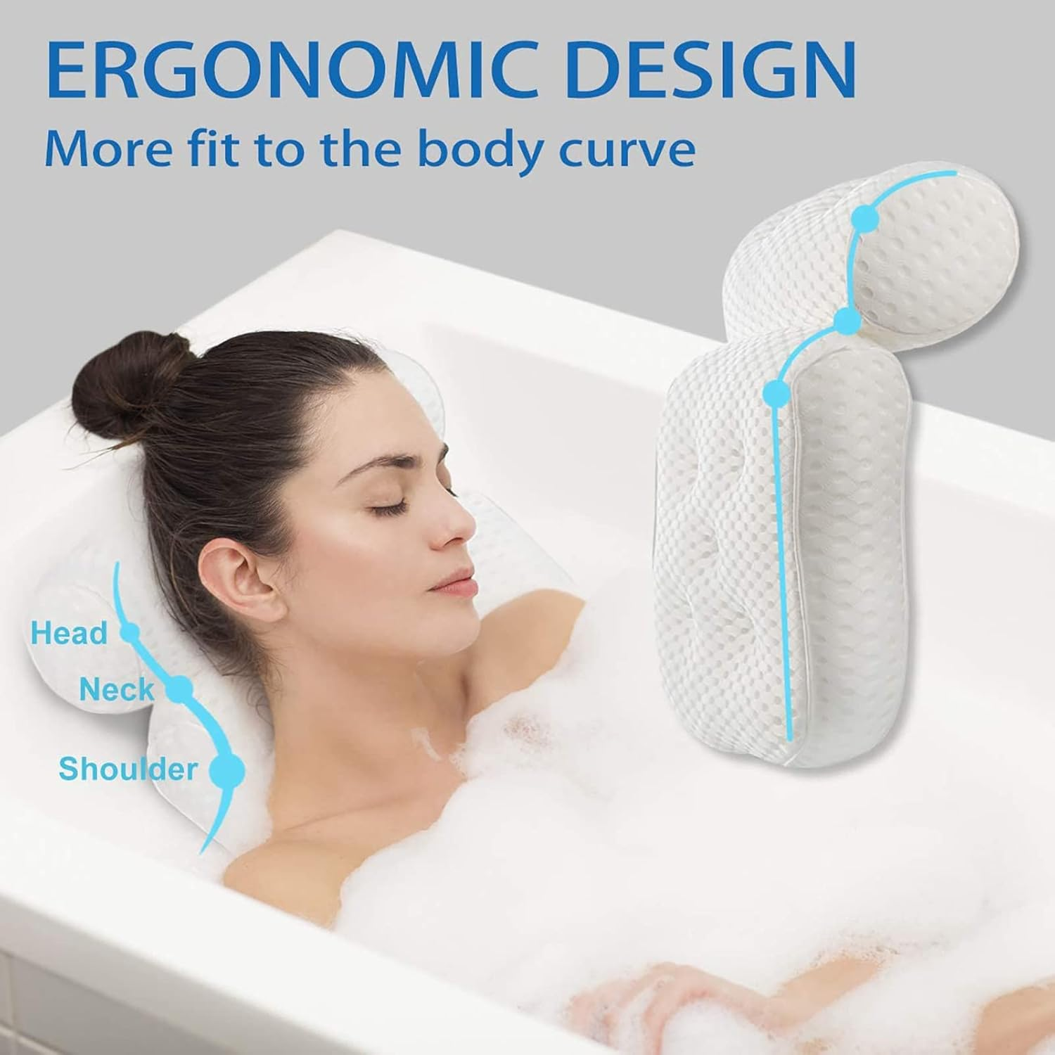 Bath Pillow for Bathroom,Bathtub Spa Pillow with 4D Air Mesh Technology and 7 Suction Cups,Support Headrest,Back,Shoulder and Neck Cushion,All Bathtub, Hot Tub and Home Spa,Extra Thick,Quick Dry,Soft image number 5