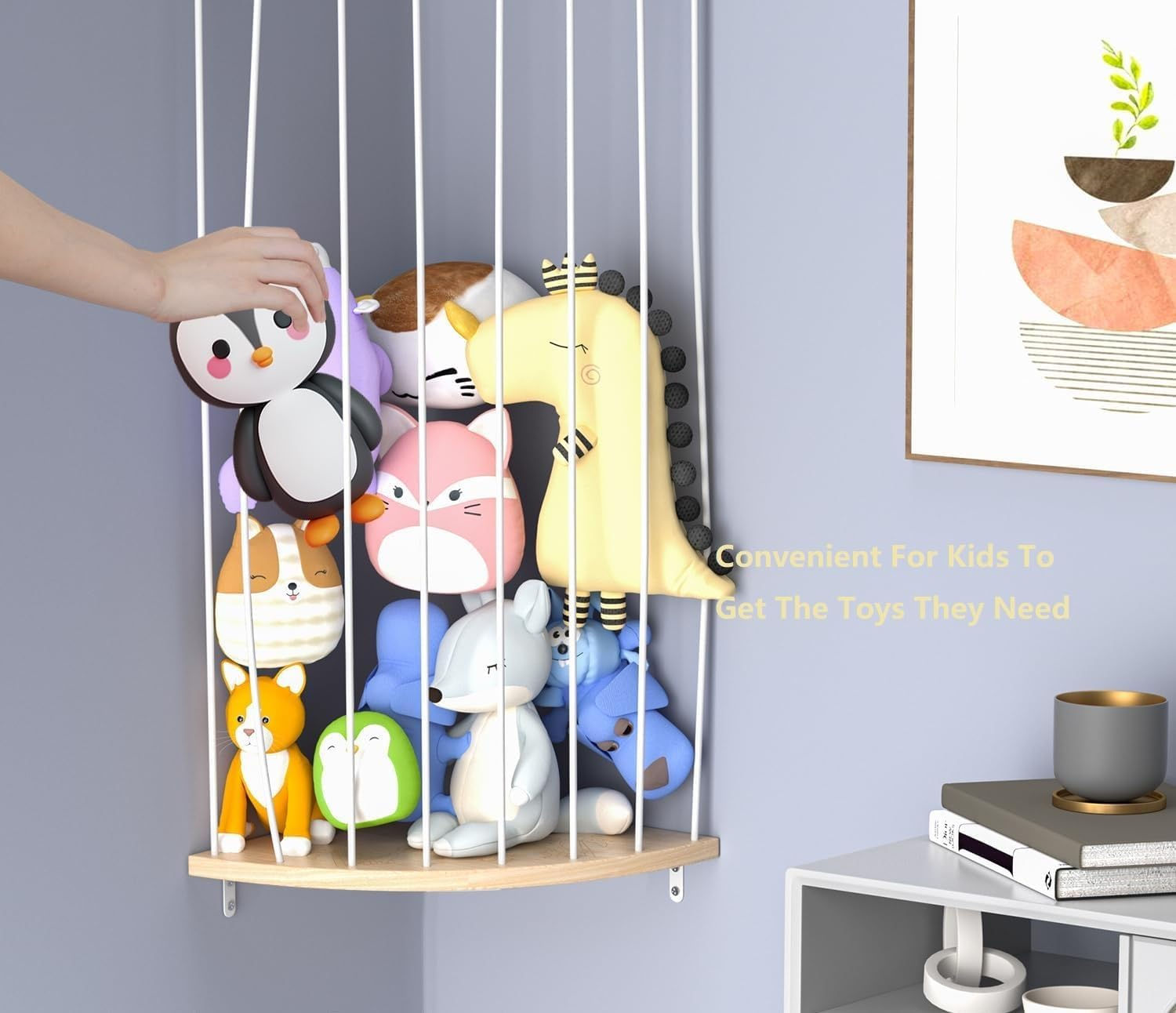 Storage Wood Soft Toy Shelf with Adjustable Length，Corner Stuffed Animal Toy Hammock Hanging, Hanging Toy Organizer, Large Corner Plush Toys Storage for Nursery Playroom Bedroom (Fan-Shape) image number 1