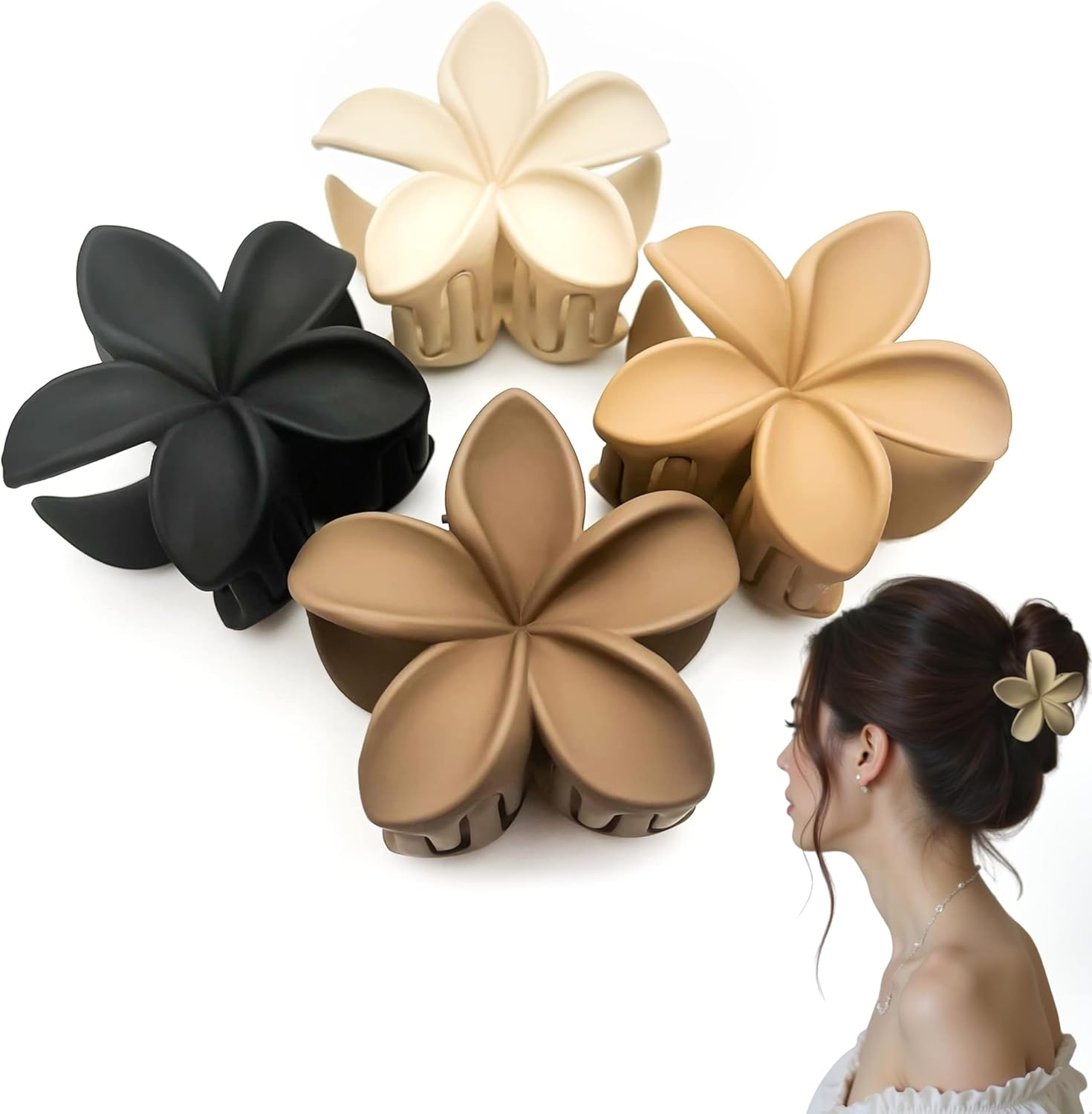 Luvearo 4Pc Nonslip Matte Flower Hair Clips for Women Thick/Thin Hair Accessories for Women Neutral Flower Cute Claw Clips Variety Pack Plumeria Hair Clip image number 2