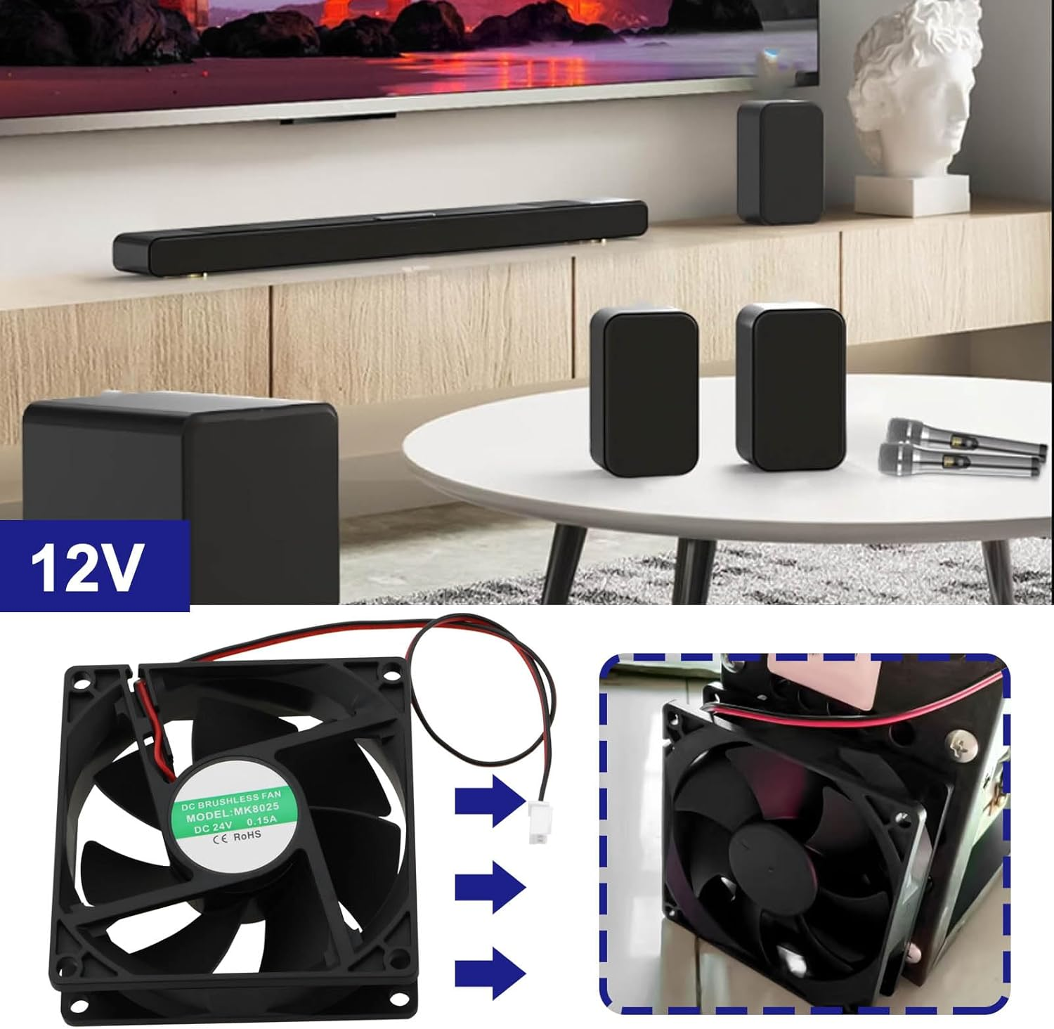 Be in Your Mind 1Pc 80Mm X 80Mm X 25Mm Brushless Cooling Fan DC 24V 0.15A Dual Ball Bearing Fan 2Pin Plastic 8025 7 Blades Cooling Fan Black