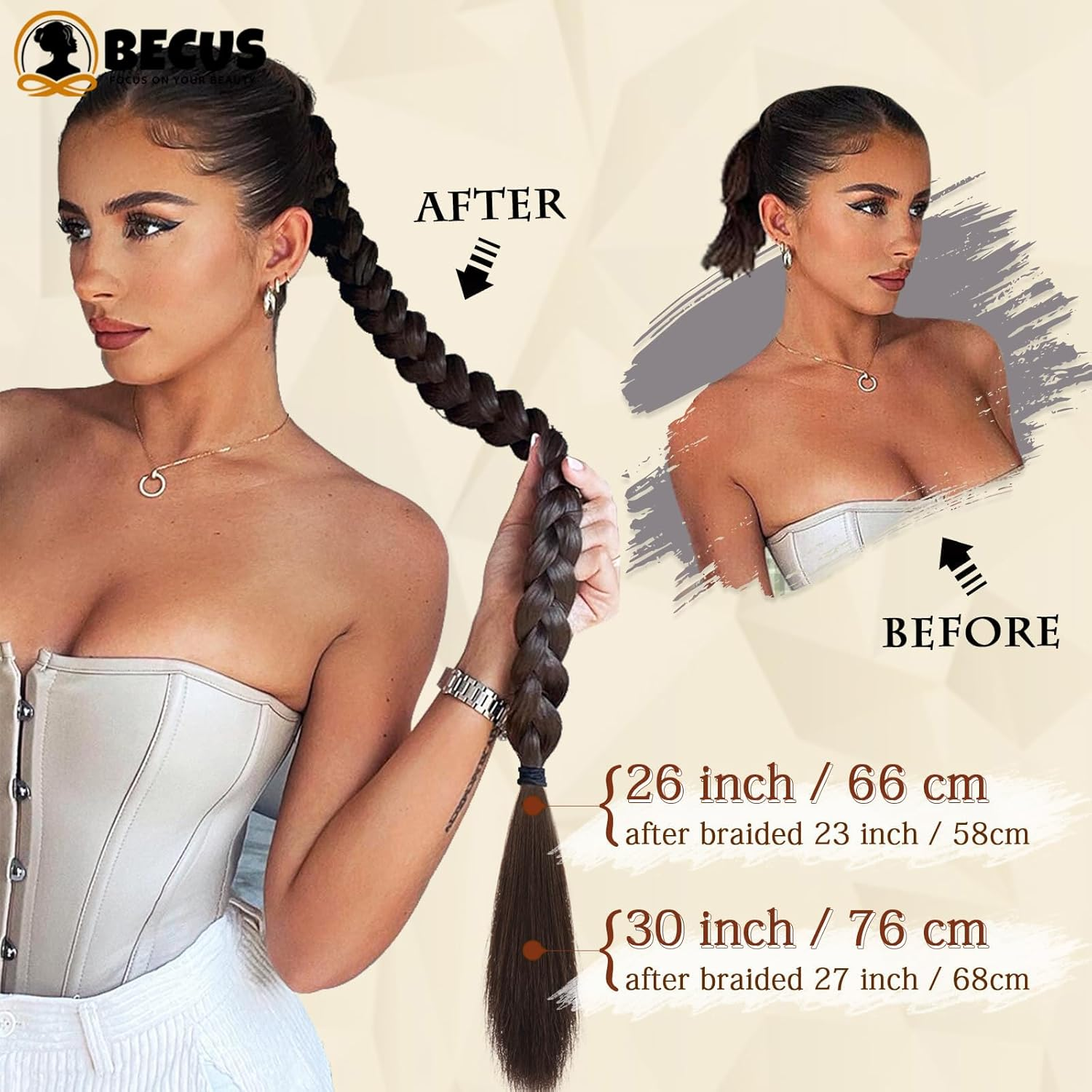 BECUS Long Braid Ponytail Extension with Elastic Tie Straight Sleek Wrap around Braid Hair Extensions for Women Ponytail Natural Soft Synthetic Hairpiece Black Brown 32 Inch(After Braided 30 Inch) - Blonde image number 6