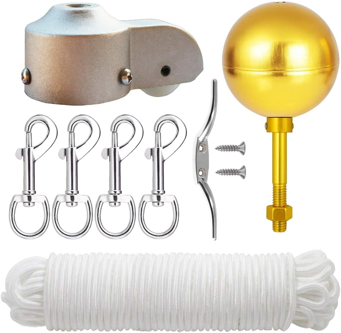 EKEV Flag Pole Hardware Parts Repair Kits - 3" Topper Gold Ball + 50 Ft Halyard Rope + 6" Cleat Hook + 4 Flag Swivel Snap Hooks + Flagpole Pulley Truck for 2" OD Tube image number 4