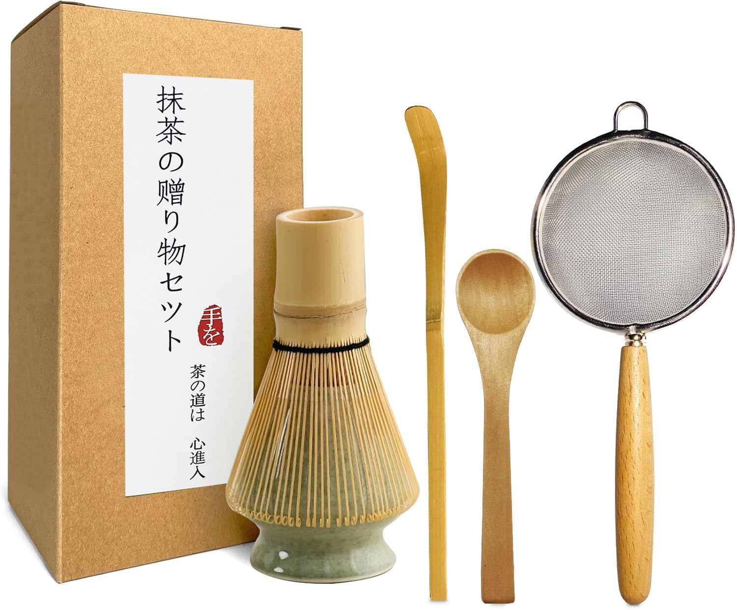 Premium Matcha Whisk Set for Japanese Tea Ceremony | 5-Piece Kit with Bamboo Whisk (Chasen), Scoop, Spoon & Steel Sifter | Authentic Traditional Tea Tools | Classic Green Design image number 5