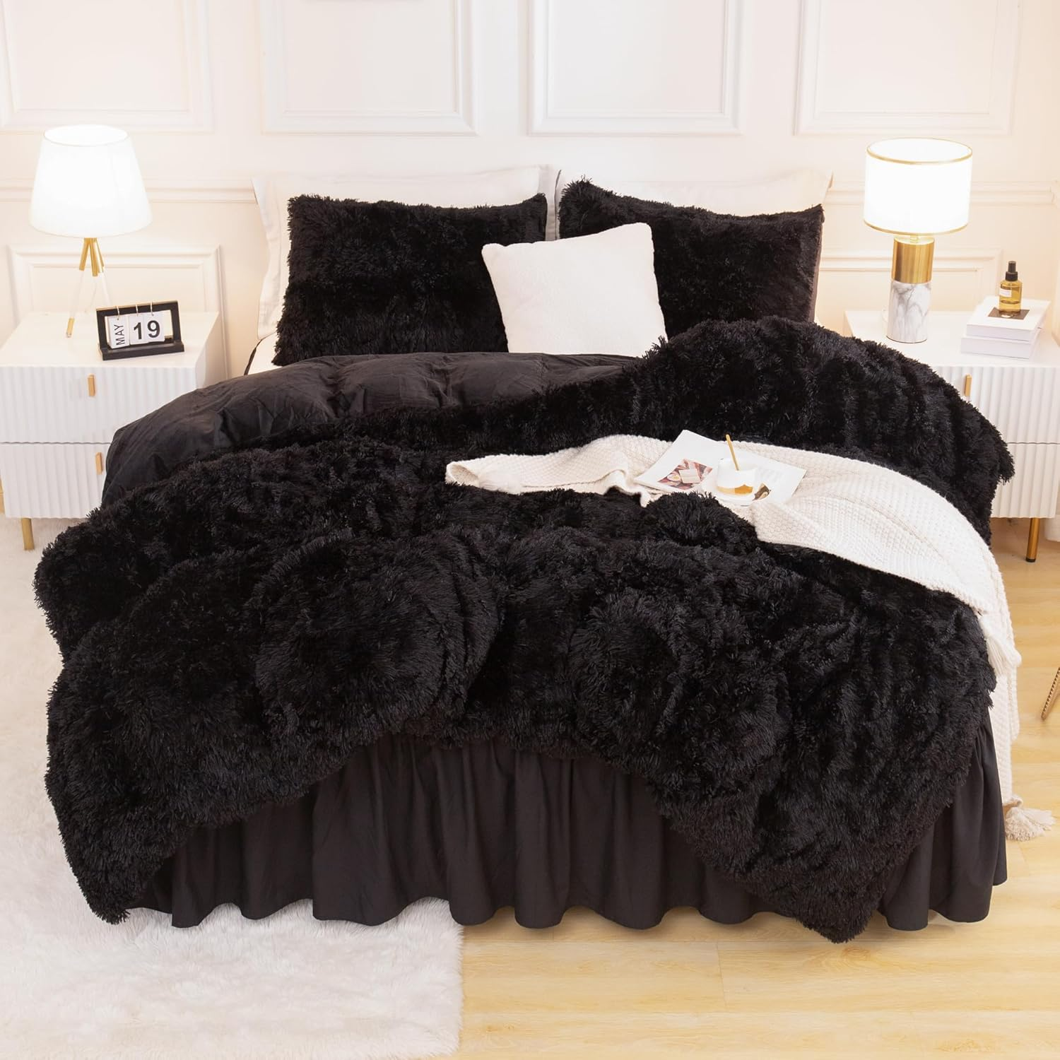 Andency Faux Fur Tie-Dyed Black Grey Comforter for Queen Size Bed, 3 Pieces Fluffy Fuzzy Plush Bedding Set (1 Shaggy Velvet Comforter & 2 Pillowcases), Soft Puffy down Bedding Set