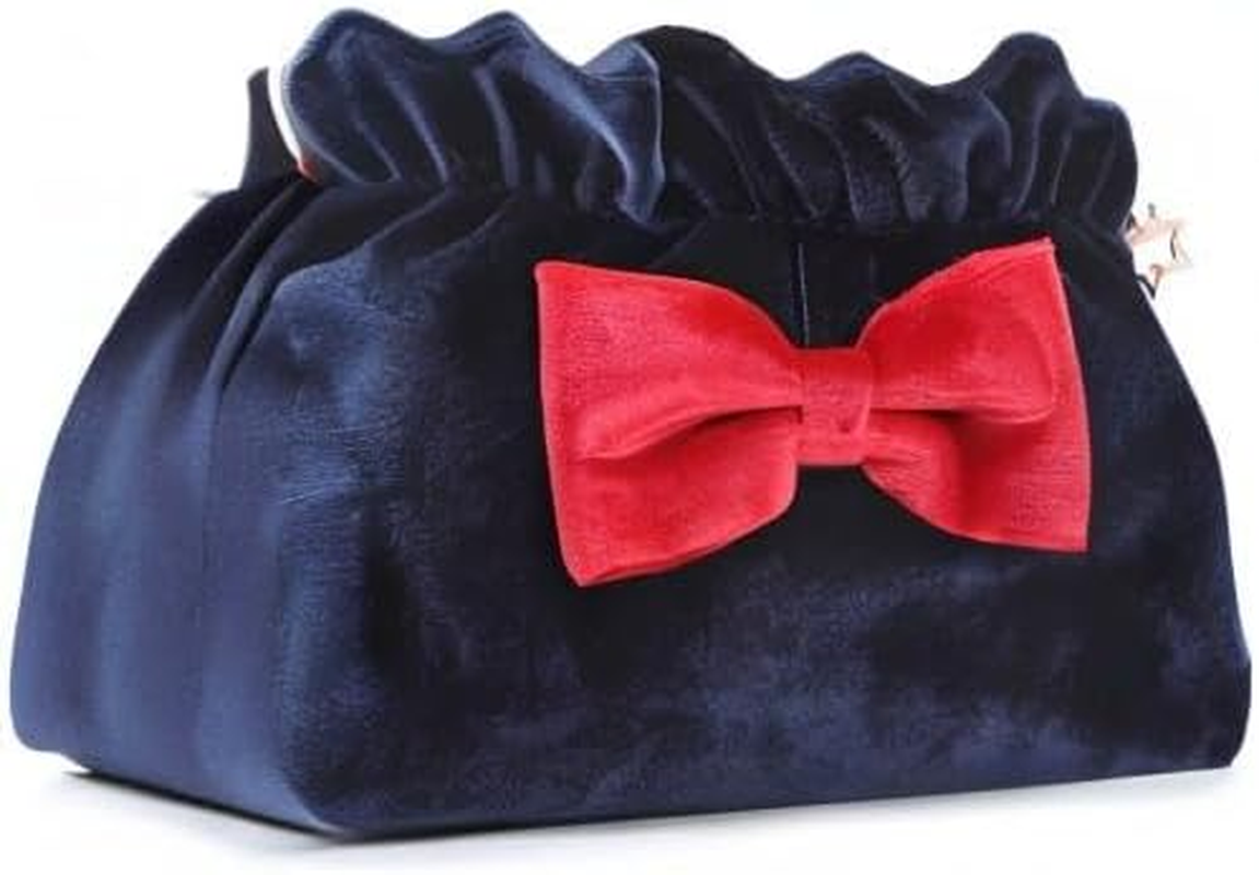 Lazy Drawstring Make up Bag Portable Travel Cosmetic Bag Makeup Pouch Storage Organiser Toiletry Bag for Women Girls Vanfn P.Travel Series (Bow-Blue Red)