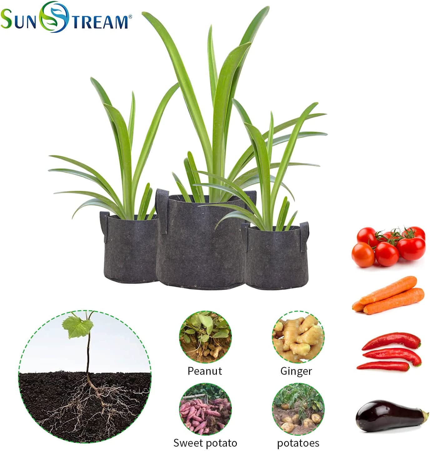 Sunstream 5-Pack 20 Gallons (76L) Heavy Duty Thickened Nonwoven Fabric Pots Grow Bags with Handles image number 5