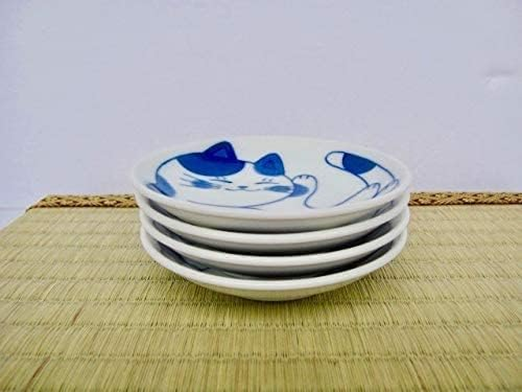Japanese Small Plate Set, Ceramic, Cute Cats Design, Appetizer, Dessert, Sushi Sauce 3.94" X 0.8",Set of 4 image number 4