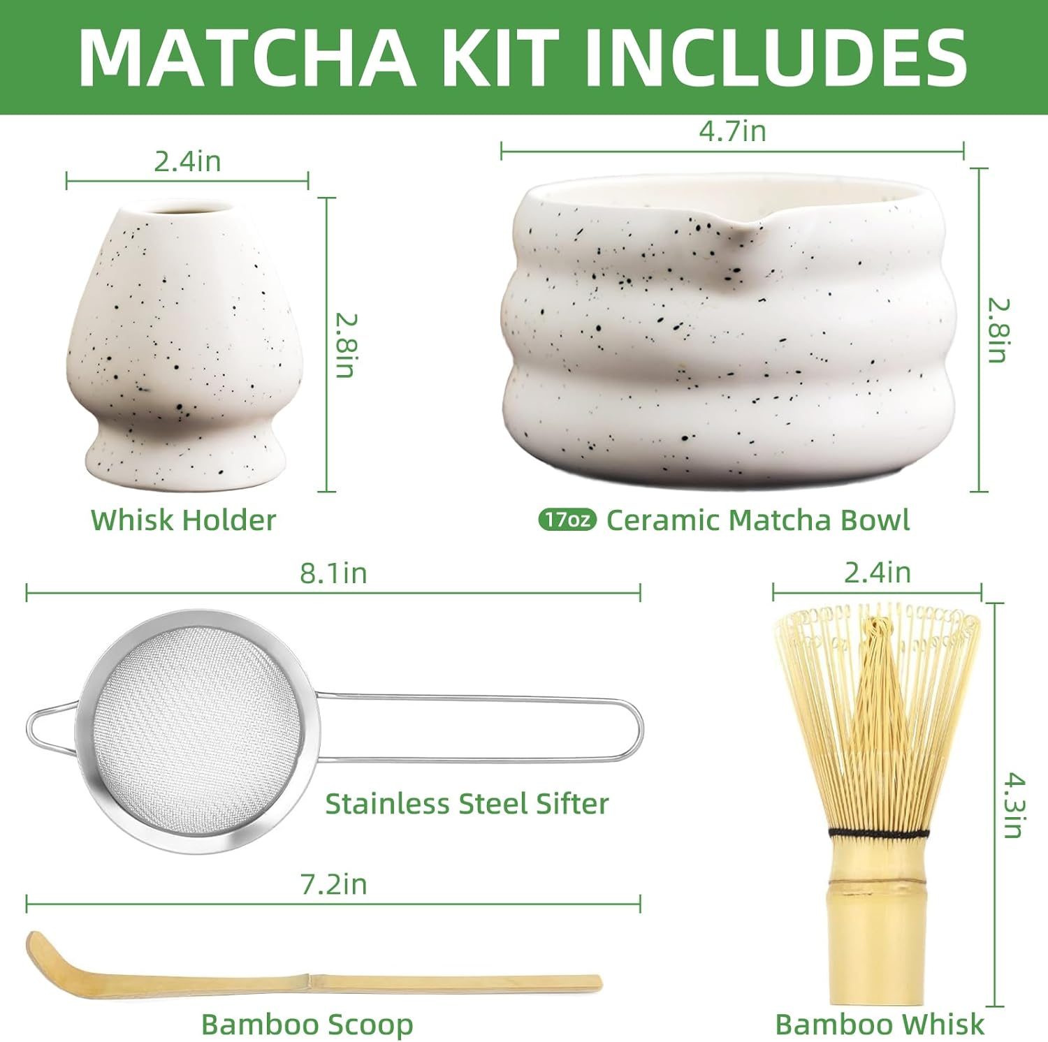 Matcha Whisk Set, 7 Pcs Ceramic Matcha Kit with Matcha Bowl, Spout, Bamboo Whisk, Bamboo Scoop, Ceramic Holder and Stainless Sifter for Traditional Tea Ceremony image number 6