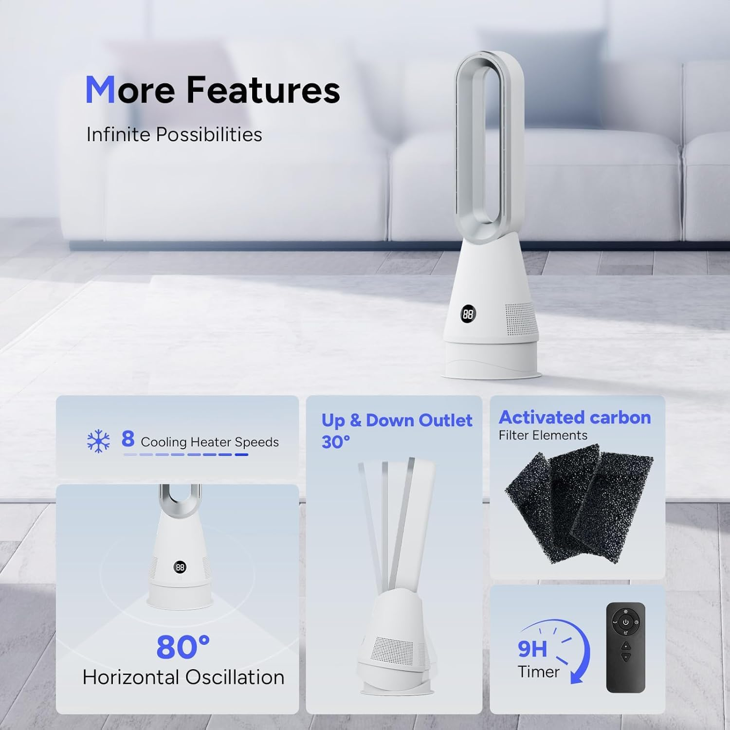 FGHB Bladeless Fan, 25Inch Cooling & Filter Combo Tower Fan 80&deg; Oscillating with Remote, 9H Timer, 8 Speeds, Portable Quiet for Indoor, Bedroom, Home Office Room image number 6