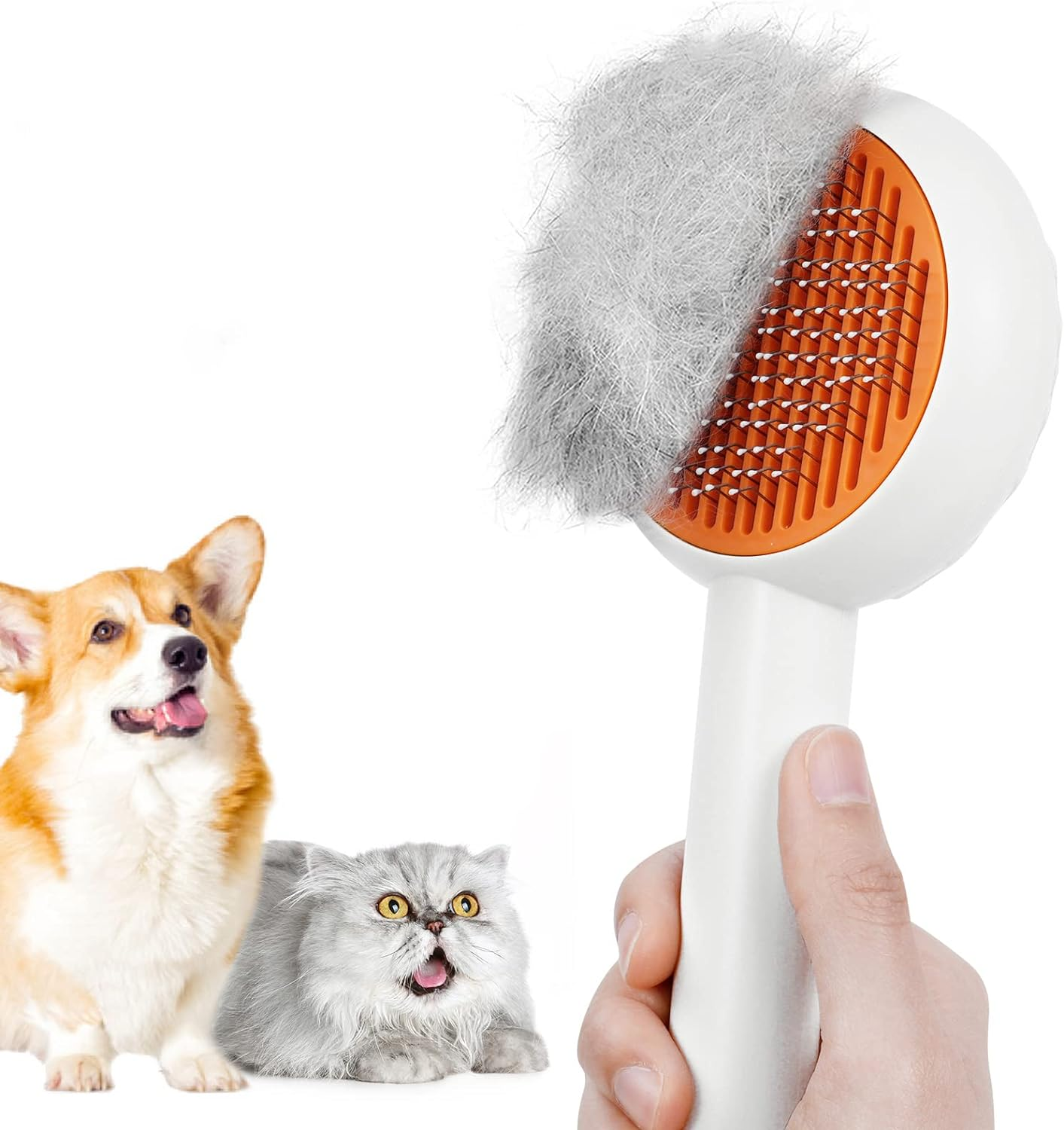 HICC GROOM! Pet Grooming Brush for Cats and Dogs, Self-Cleaning Sliker Brush for Removes Mats, Tangles, and Loose Hair, Shedding Brush for Short or Long Haired Cats/Dogs (White) - Blue image number 6