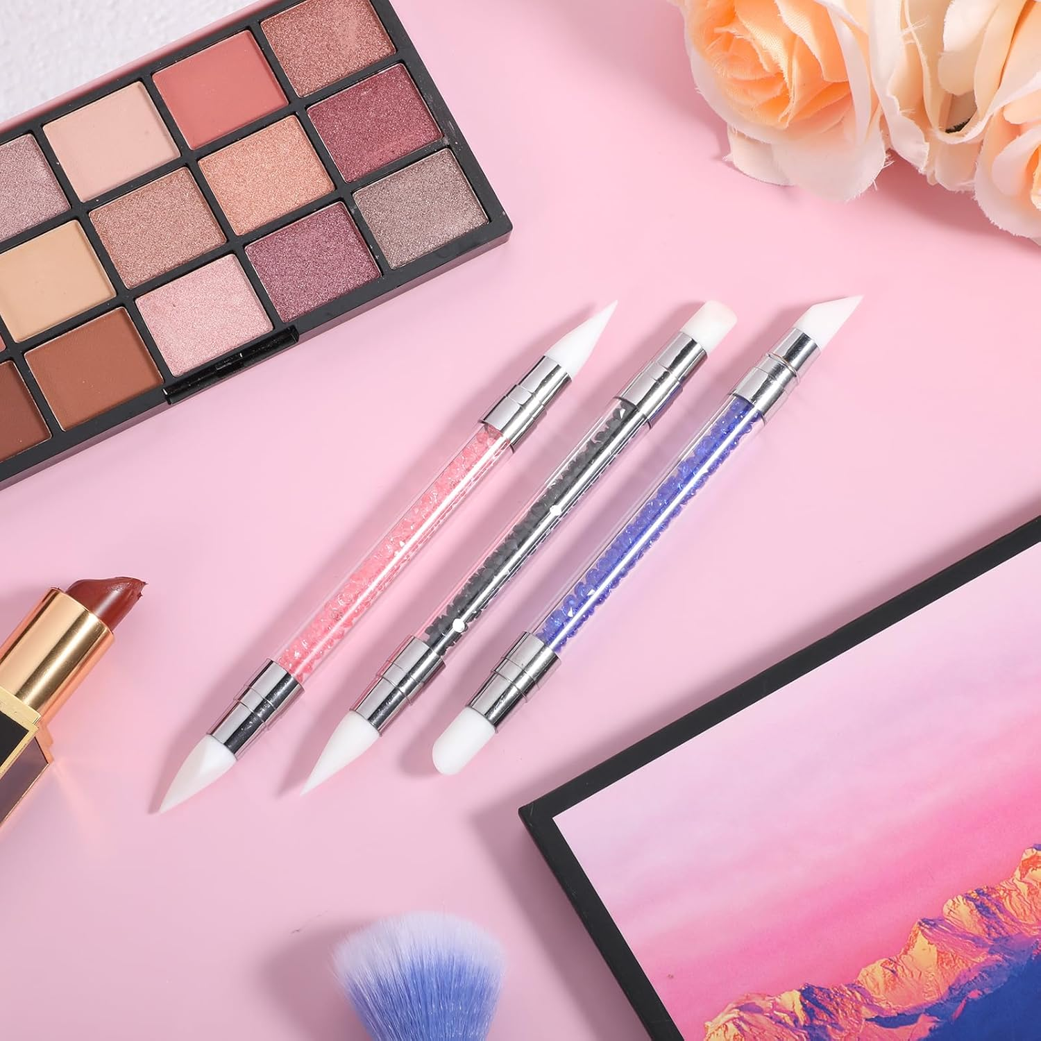 3 Pcs Nail Art Sculpture Pen, Dual Tipped Silicone Nail Tools, Silicone Head Acrylic Handle Nail Art Brushes, Rhinestone Nail Polish Carving Pen, Nail Art Tools for Home Salon(Black, Pink, Royal Blue) image number 6