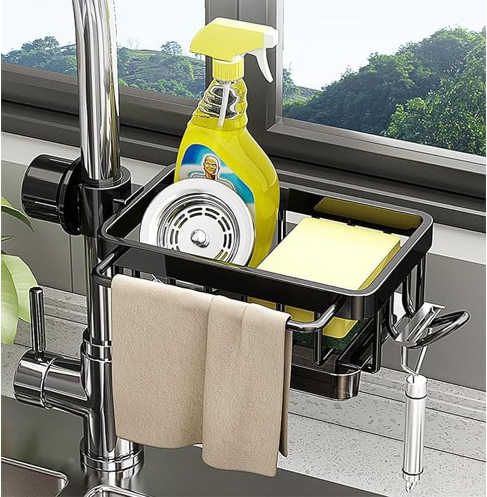 Kitchen Sink Faucet Organizer, Multifunction Sponge Holder for Kitchen Sink with Hook and Self Draining Tray,For Bathroom, Scrubbers, Soap, Work with 0.7-1.1Inch round Water Pipe (Right) image number 4