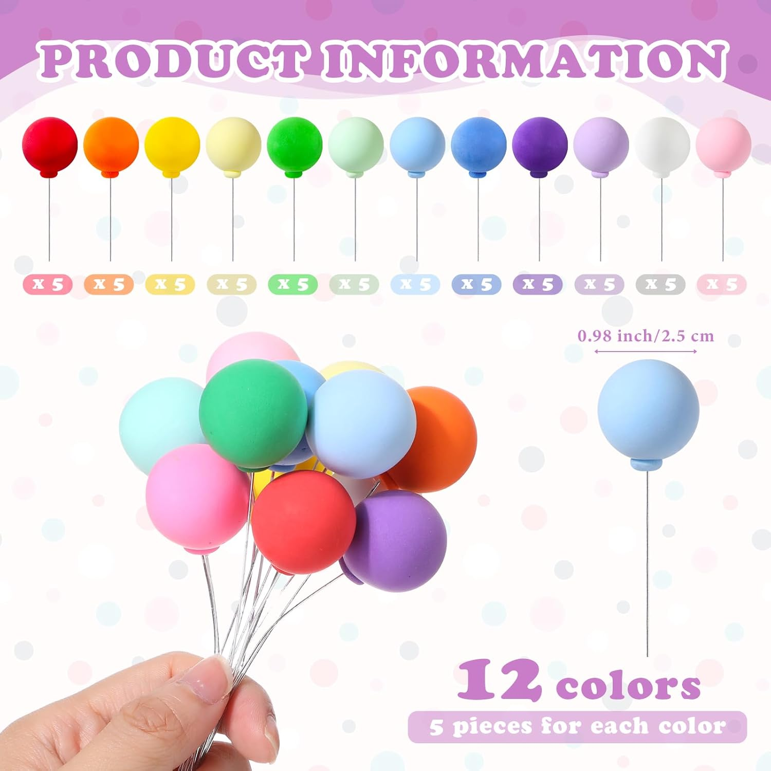 Sieral 60 Pcs Mini Balloon Cake Toppers Rainbow round Balls Cupcake Toppers for Birthday Baby Shower Wedding Party Decorations, 12 Colors image number 3