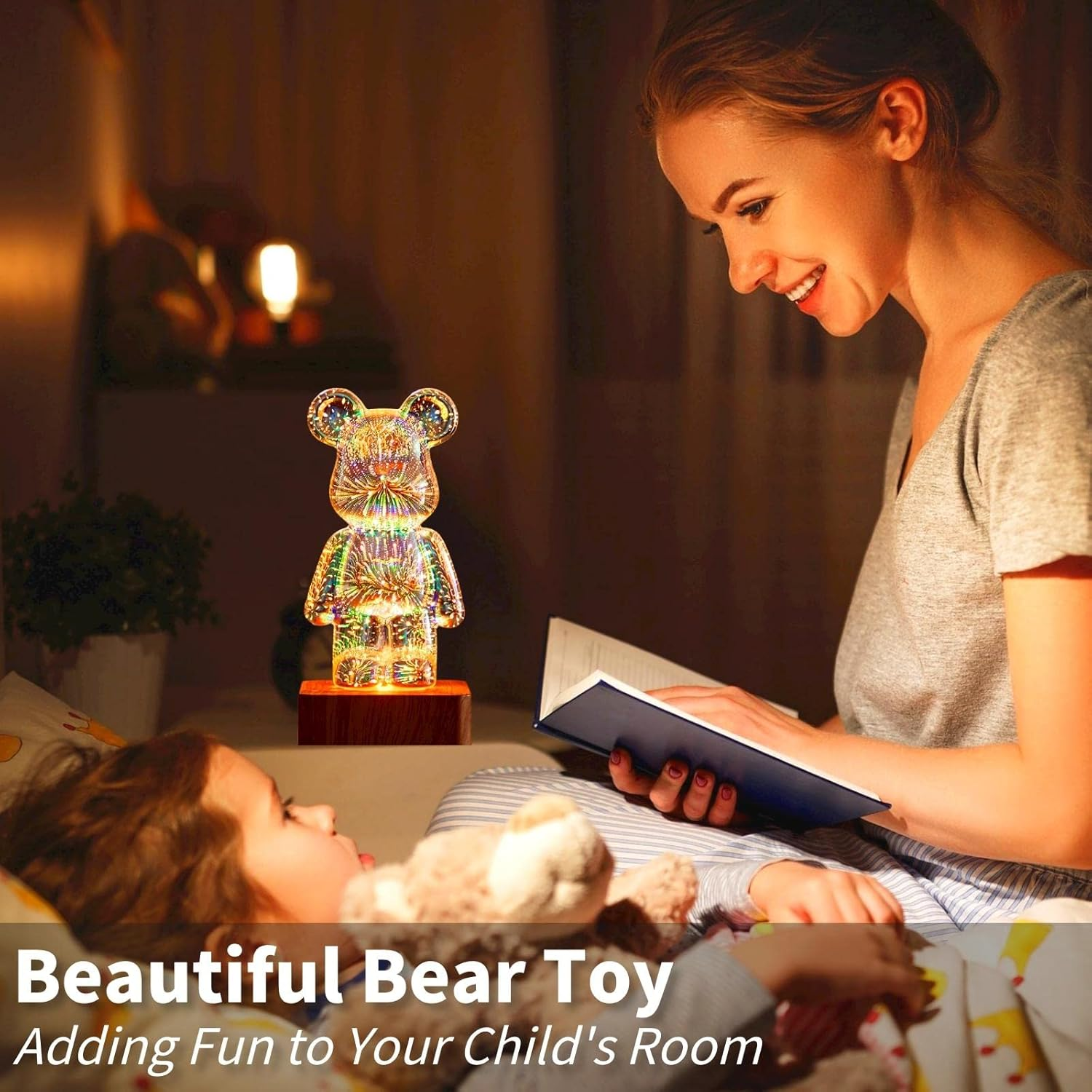 Brabola Firework Bear Light Lamp, Twinkle Bear Lamp Cute Bedside Night Light Table Lamp Projector with Color Changing Ambient Nightstand LED Desk Lamp for Kids Room, Bedroom, Home, Office image number 6
