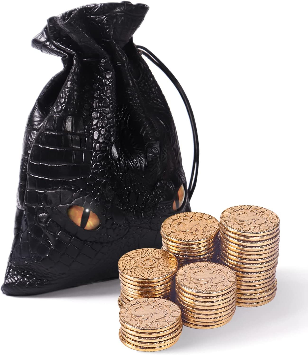 50 PCS Metal DND Coins with PU Leather Bag, Fantasy Gold Coins for Board Games, Game Tokens for Tabletop RPG Games, Black Dragon Bag D and D Coins Collection, Mid-Century Retro Gaming Accessories image number 3
