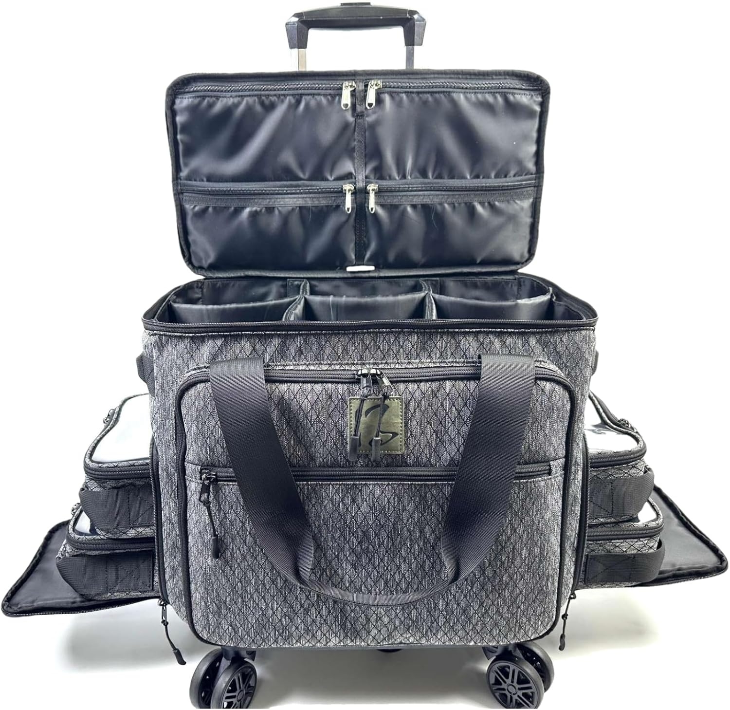 Baltfrist Rolling Makeup Bag with 4 Removable Bags，Rolling Makeup Case with 5Pcs 360&deg;Rotating Wheels,Makeup Artist Travel Bag with Brushes Storage Section，Black Diamond Grid