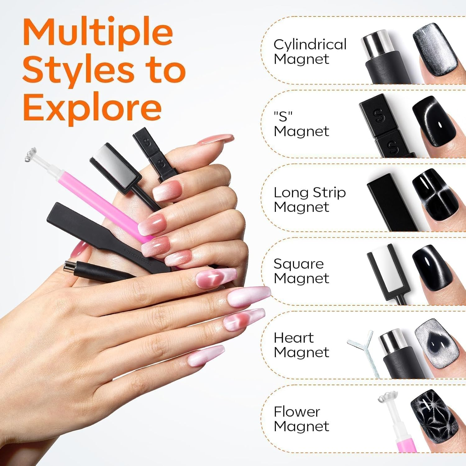 Modelones Cat Eye Magnetic for Nails,15Pcs Cat Eye Gel Nail Polish Magnet Tools Powerful Set Wand Magnet Nail Polish Square round Magnet Stick Diverse Glassy Cateye Effect image number 6