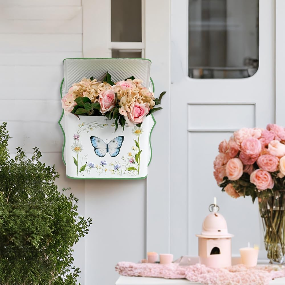 Z&sup2; Belladecor Mailbox Wall Mount Mailboxes for outside Vintage Mail Boxes for House outside Metal Drop Box Antique Style Nostalgic Charm Home Decorative, Butterfly Pattern, White