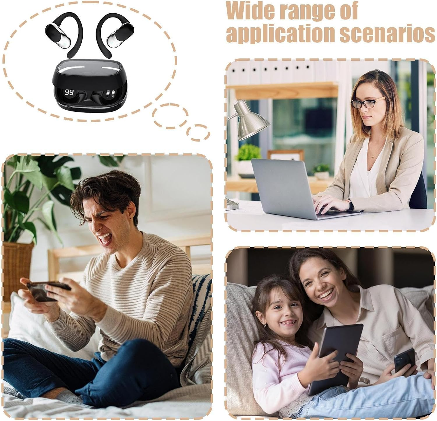 Over Ear Earbuds,Comfort Wireless Headphones | Headphones for Swimming Sports Running Game Work Kids Translation Live Streaming - Cream Colored image number 6