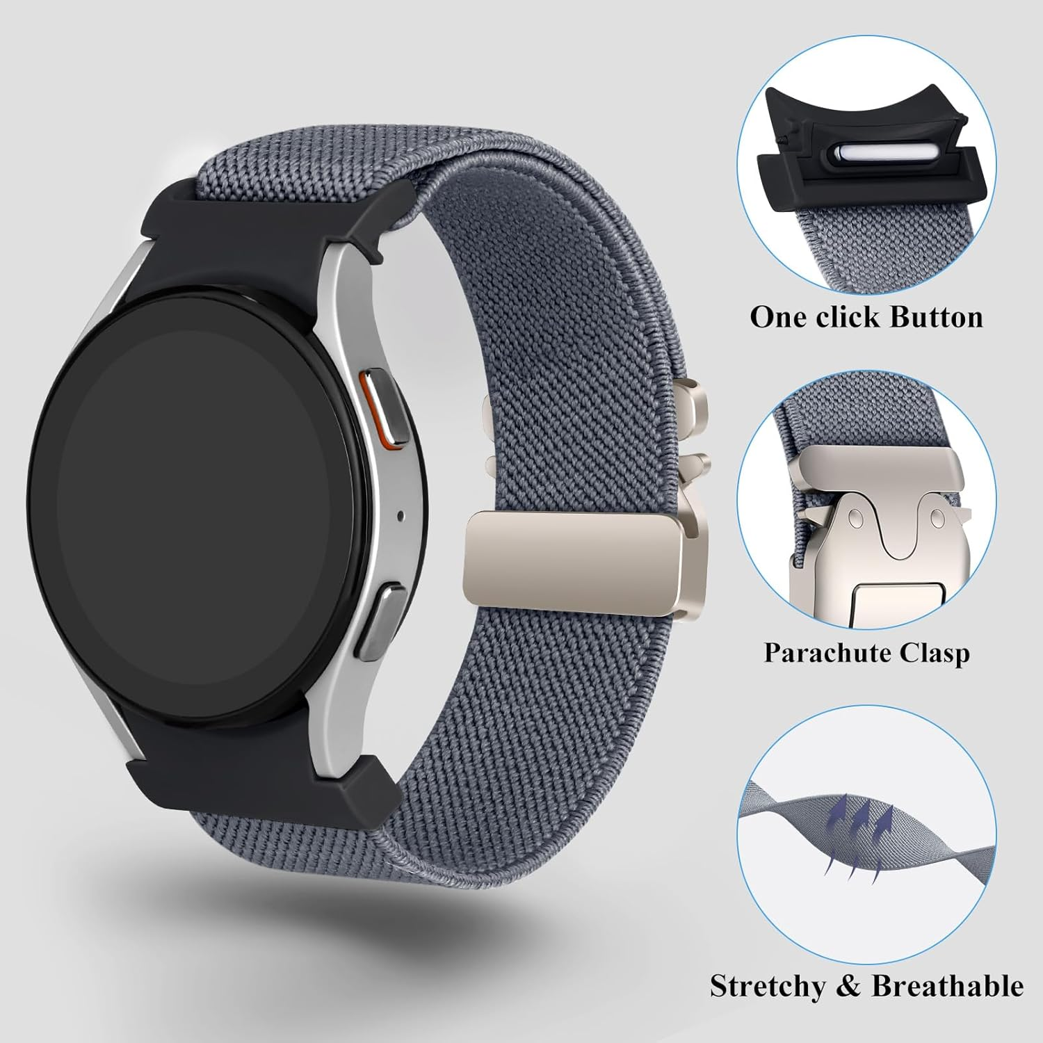 One Click Elastic Nylon Band for Samsung Galaxy Watch 7 6 5 4 Band Women Men 40Mm 44Mm/Galaxy Watch 6 4 Classic 47Mm 43Mm 42Mm 46Mm/5 Pro 45Mm/Fe, 20Mm No Gap Stretchy Parachute Buckle Watch Band