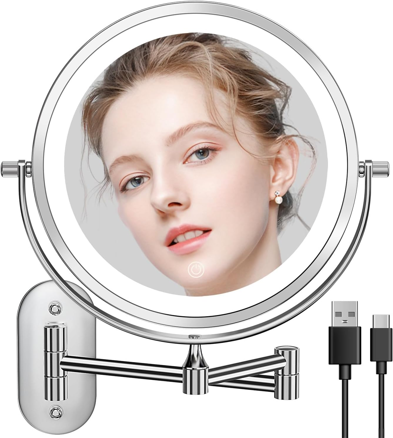Auxmir Lighted Wall Mounted 20X Magnifying Makeup Mirror, 8" Double-Sided 360&deg; Swivel Shaving Mirror with Extendable Arm, 3200Mah Rechargeable Dimmable Mirrors with Tweezer for Bathroom and Hotel