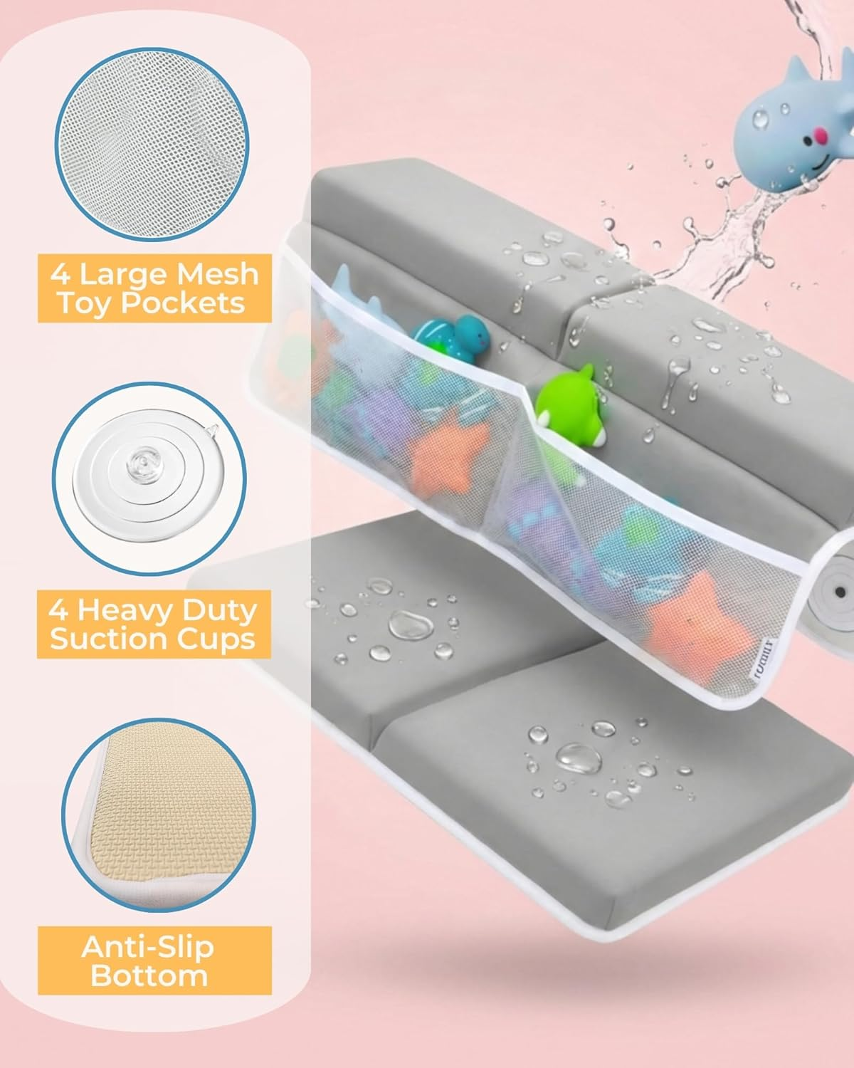 Comfortable Baby Bath Kneeler and Elbow Rest Pad Set - Thickest Bathtub Kneeler Pad with Memory Foam and Bath Toys Organizer - Bath Kneeling Pad for Bathing Baby - Relieve Your Knees and Elbows (Grey) image number 5