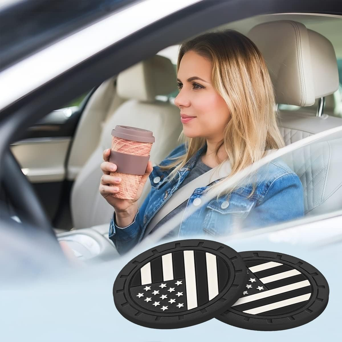 AUCELI 4 Pack Car Cup Holder Coasters, Colored American Flag US Flag Insert Car Cup Coaster, 2.75 Inch anti Slip Shockproof Embedded Drink Mat, Vehicle Interior Decor Accessories image number 1