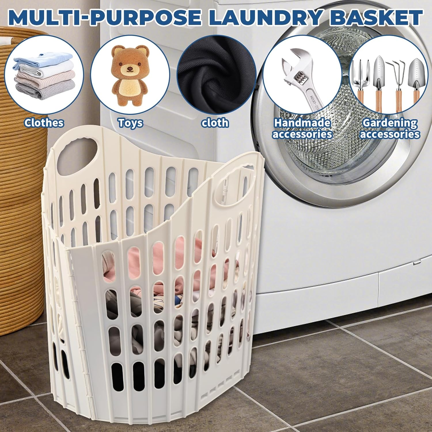 Djapwpx-Collapsible Laundry Basket with Carry Handle, Space Saving Foldable Laundry Basket, Plastic Collapsible Laundry Hamper, Multipurpose Collapsible Laundry Caddy for Easy Storage (Beige)