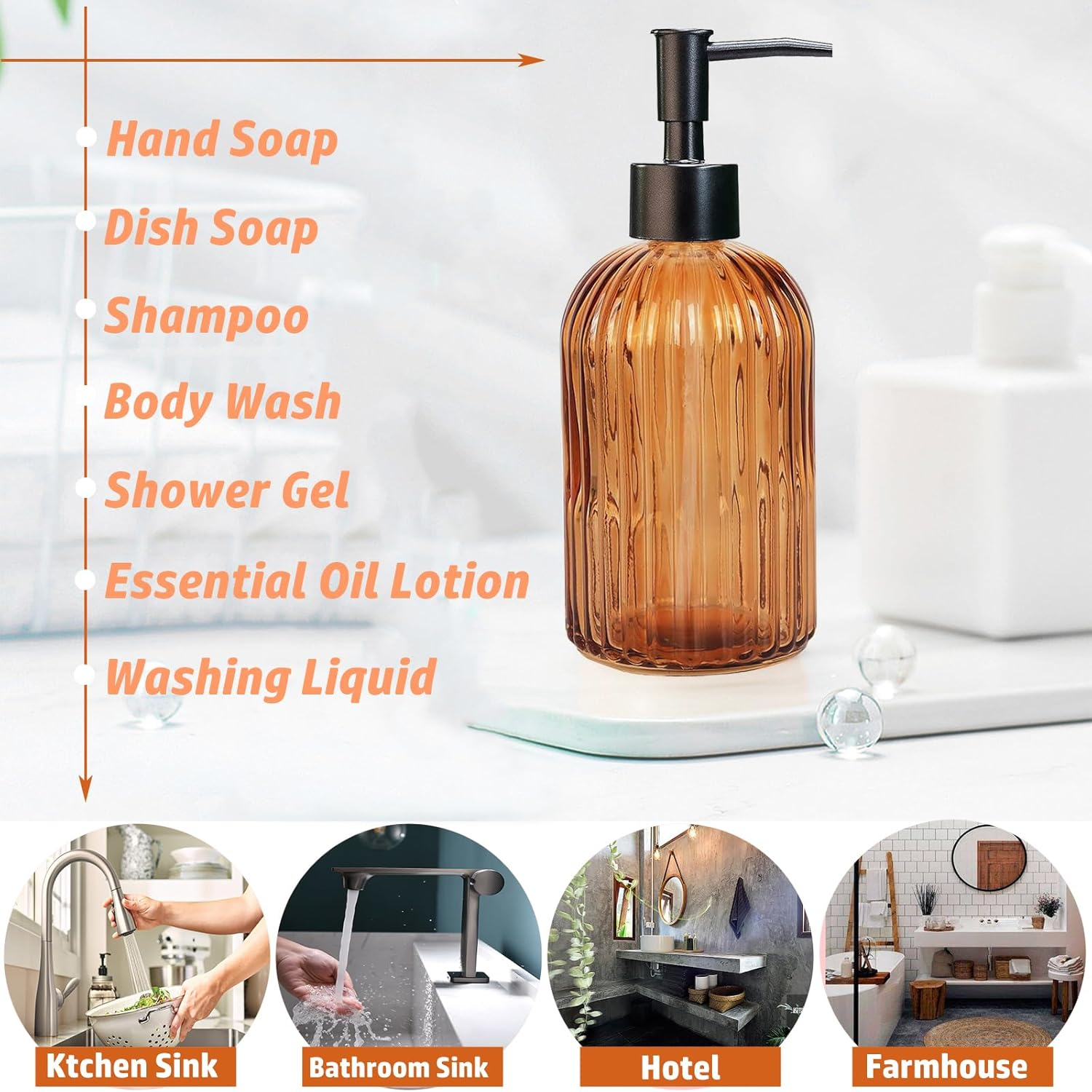 GKSCXEXE 400Ml Amber Glass Soap Dispenser with Plastic Pump & Funnel, Liquid Hand Wash Dispenser for Bathroom Kitchen, Refillable Pump Bottle Bottle for Hand Soap, Dish Soap, Shampoo, Lotions image number 5