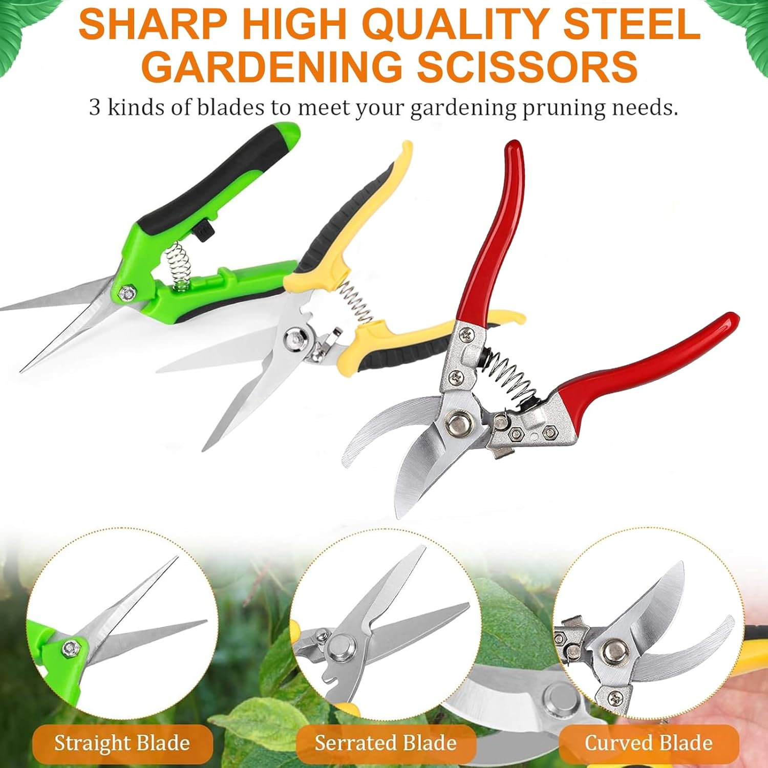 5 Pack Garden Shears Set with High-Carbon Steel Sharp Pruning Shears, Straight Fruit Picking Scissors and Serrated Electrican Scissors, Gardening Gloves & a Storage Bag image number 3