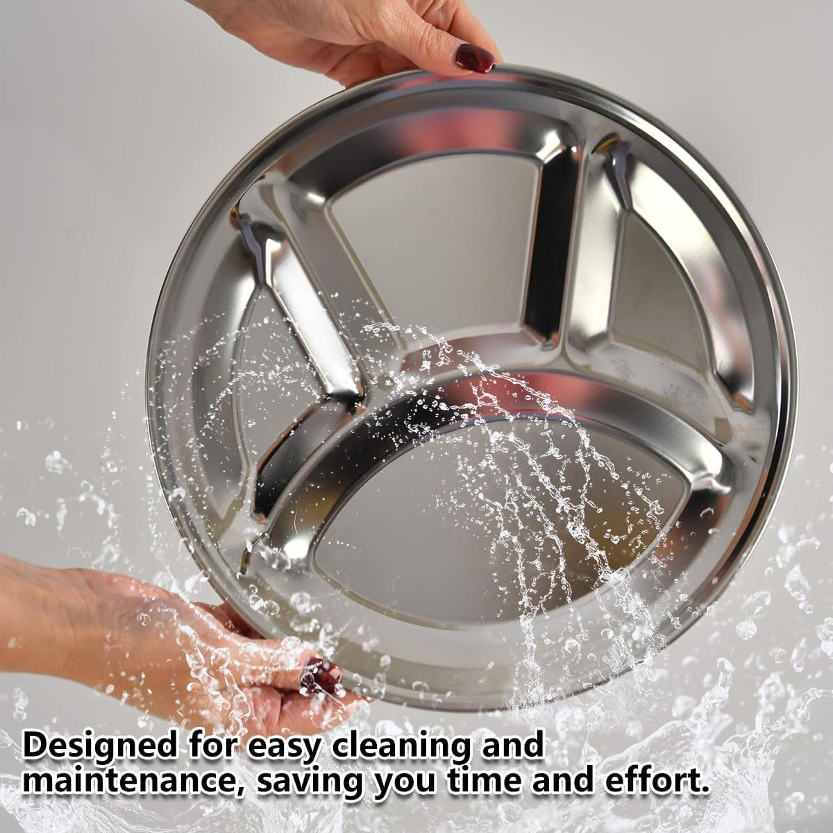 AIMALL 4Pcs Stainless Steel round Dinner Plate - 12.67In Divided 4-Compartment Plate, Durable Fast Food Tray with Mirror Polishing, Ideal for School, Cafeteria, or Home Use image number 5